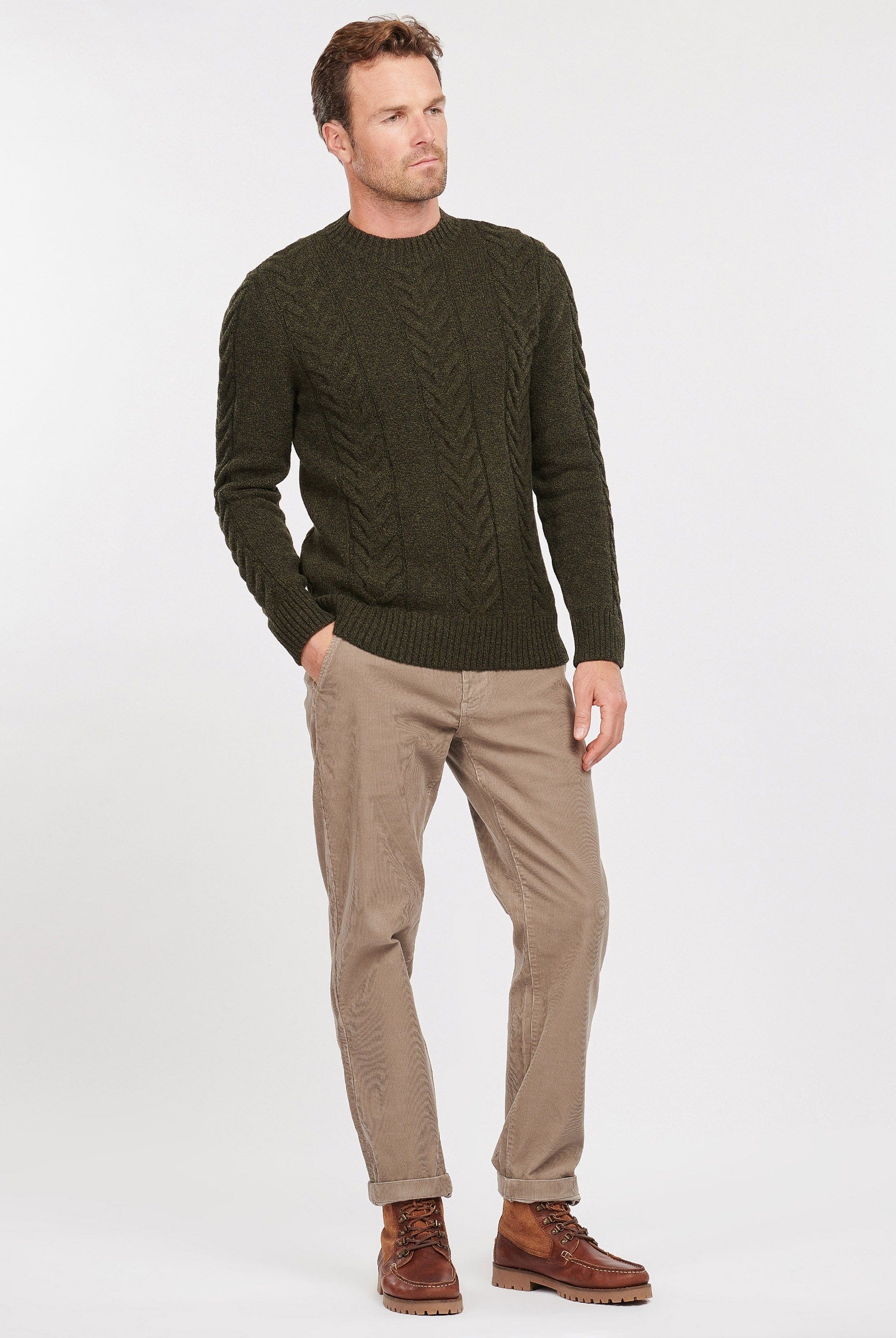 Barbour Cable Knit Crew Neck Jumper - Olive Marl