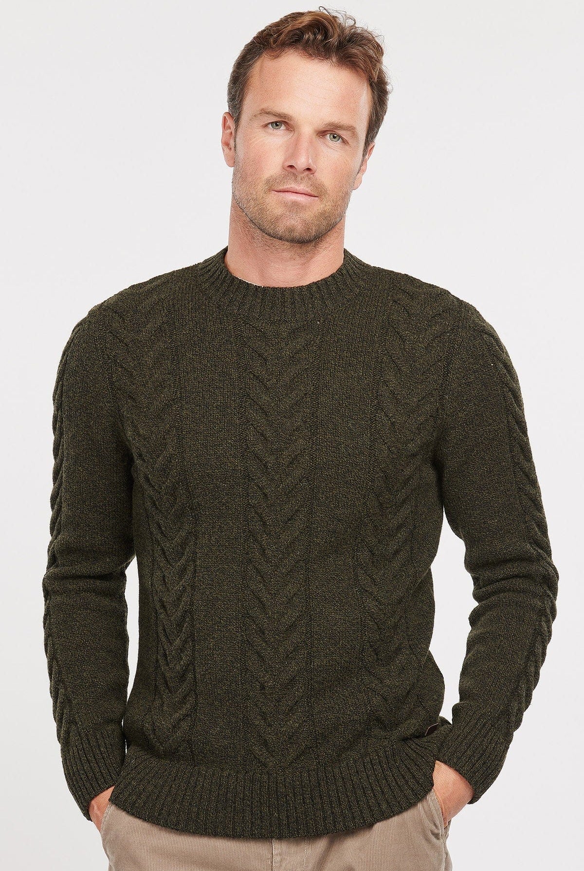 Barbour Cable Knit Crew Neck Jumper - Olive Marl