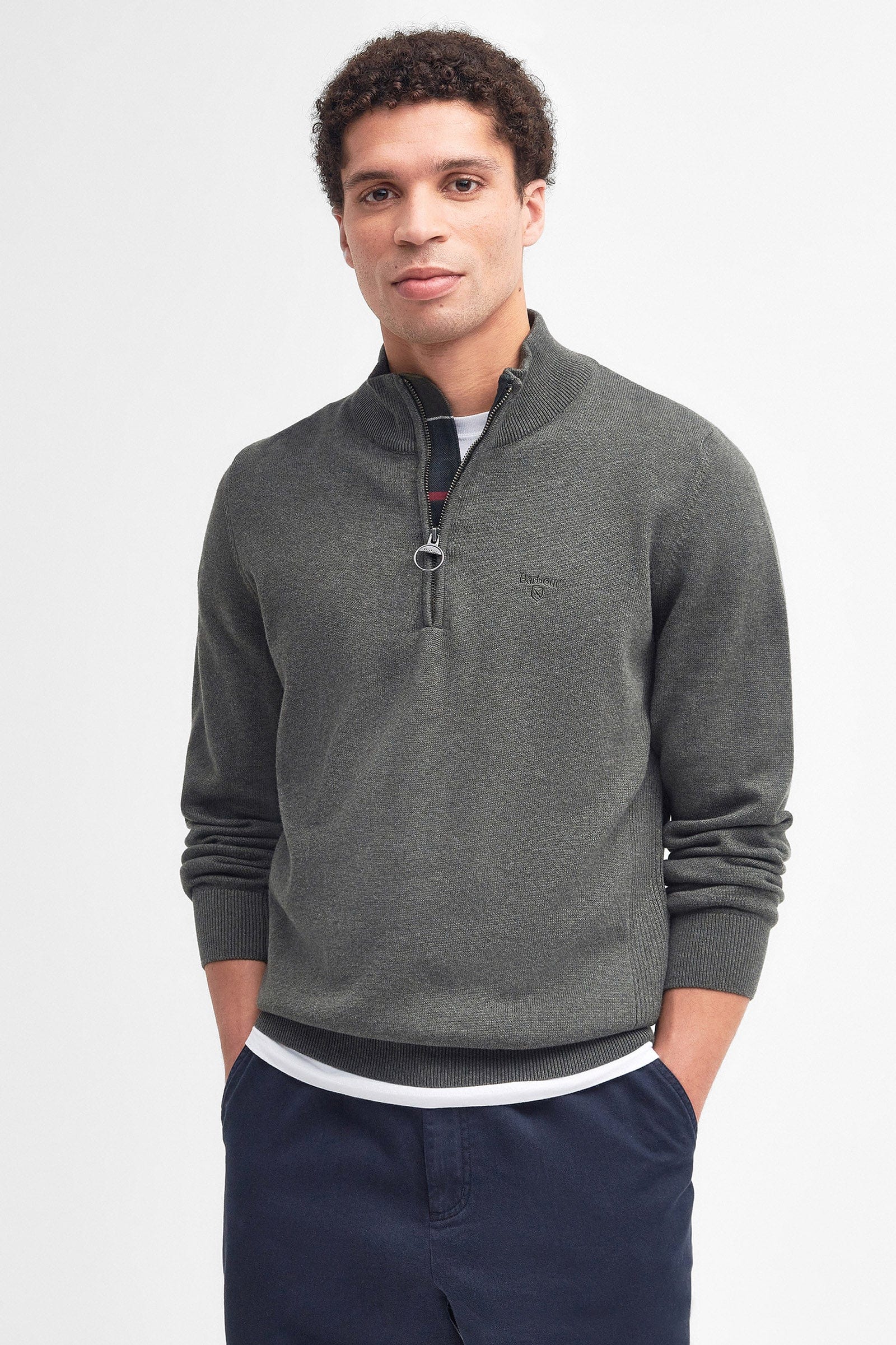 Barbour Cotton Half Zip Knitted Jumper - Olive Marl