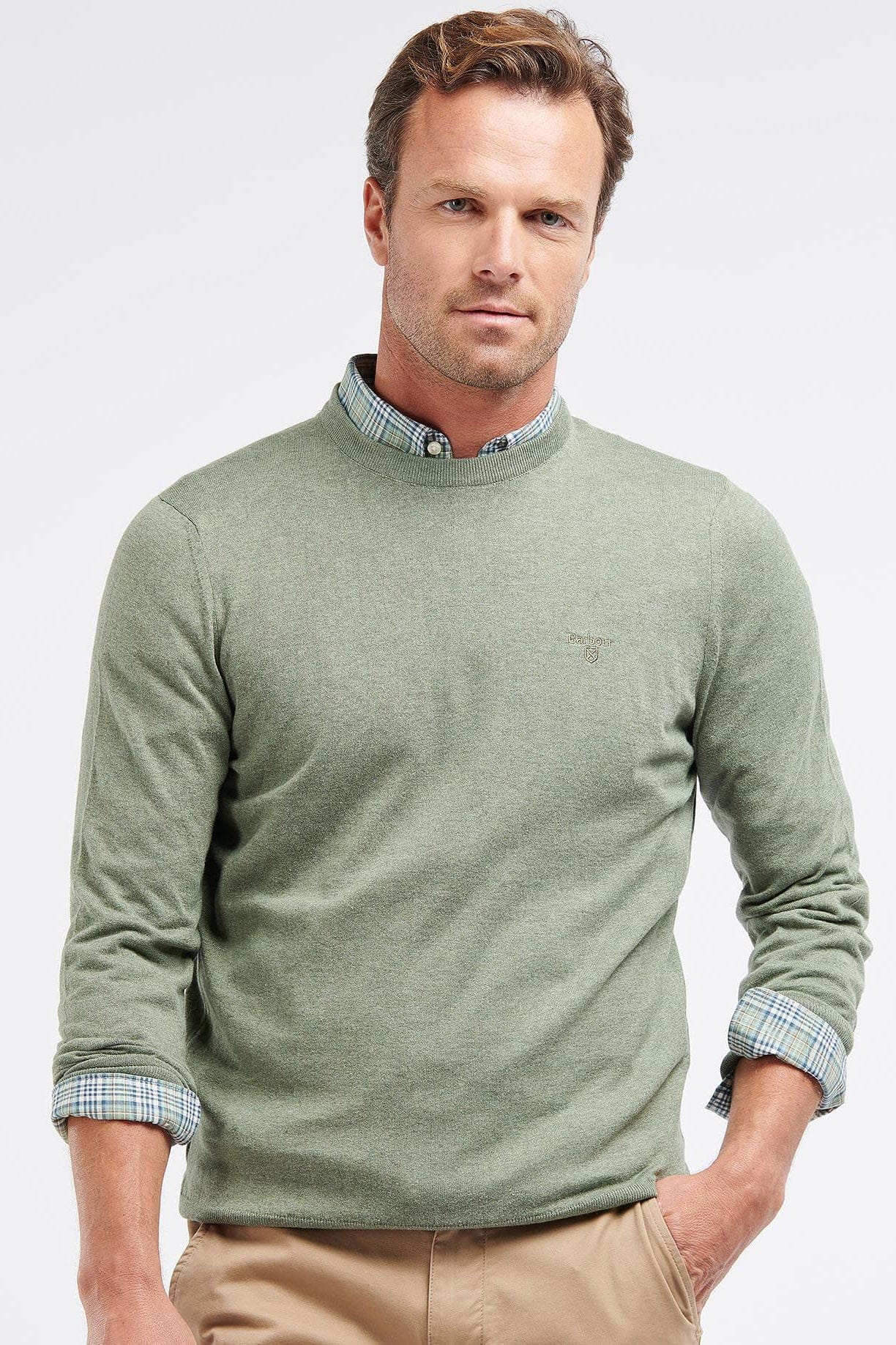 Barbour Light Cotton Crew Neck Jumper - Light Moss