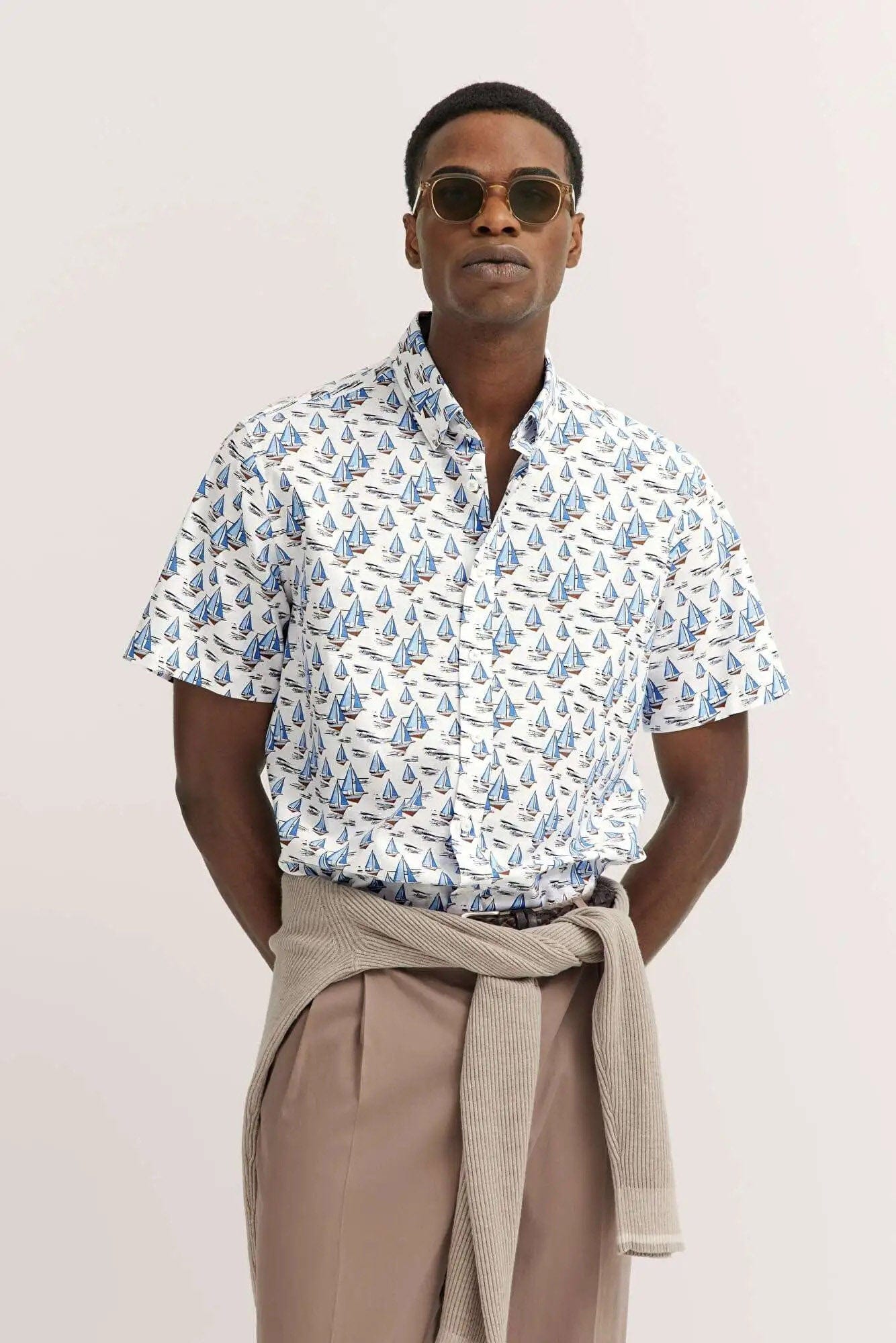 Bugatti Boat Print Cotton Shirt - Light Blue