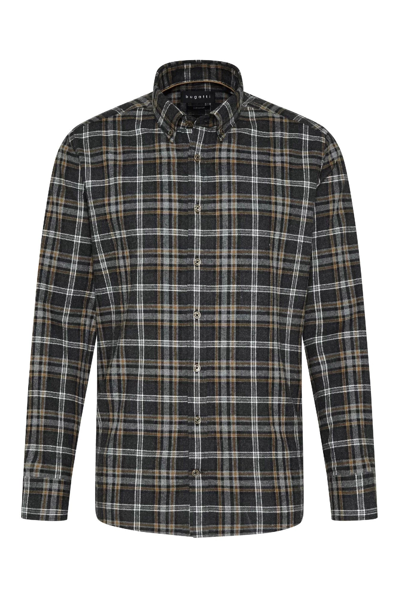 Bugatti Check Brushed Cotton Long Sleeve Shirt - Grey/Mustard