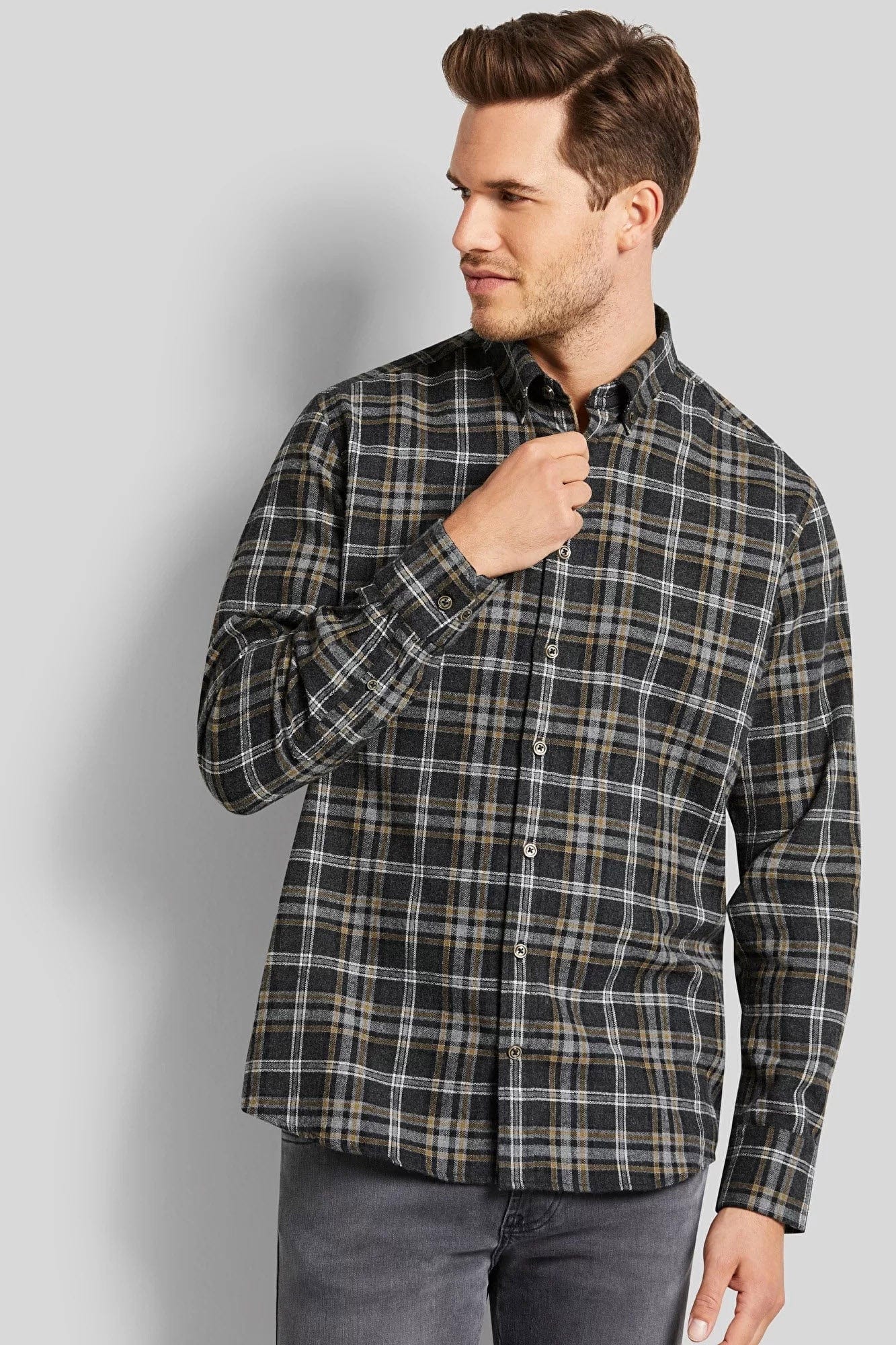 Bugatti Check Brushed Cotton Long Sleeve Shirt - Grey/Mustard