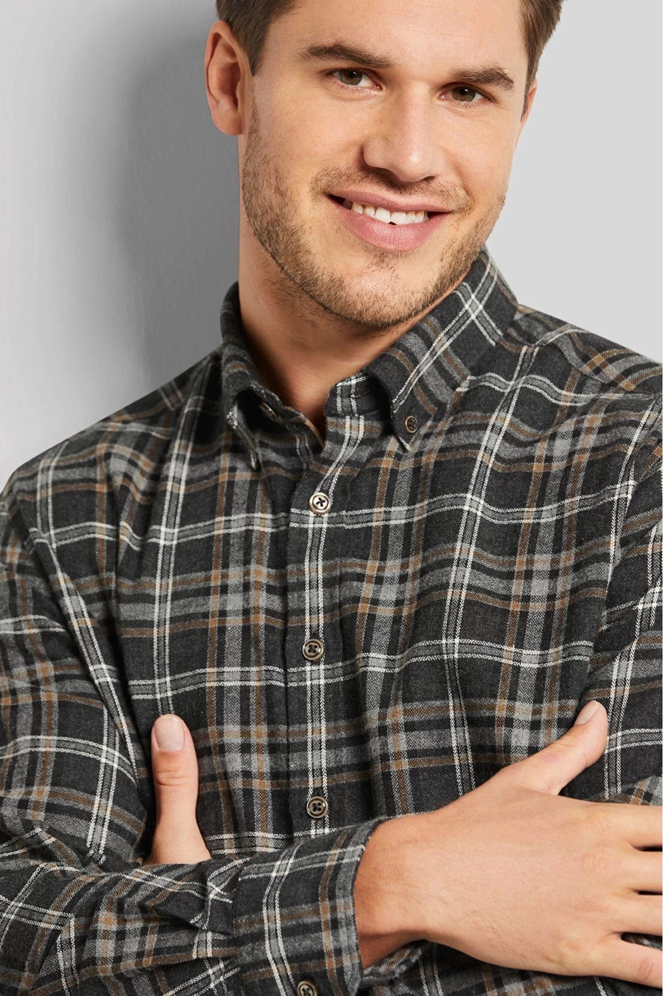 Bugatti Check Brushed Cotton Long Sleeve Shirt - Grey/Mustard