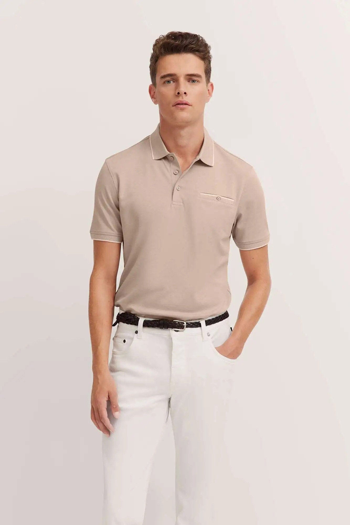 Bugatti Polo Shirt with Tipping Detail - Taupe