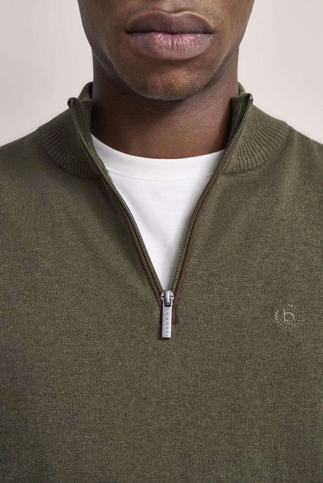 Bugatti Quarter Zip Cotton/Cashmere Knit Jumper - Olive