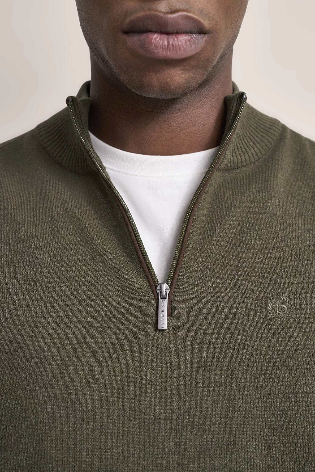 Bugatti Quarter Zip Cotton/Cashmere Knit Jumper - Olive