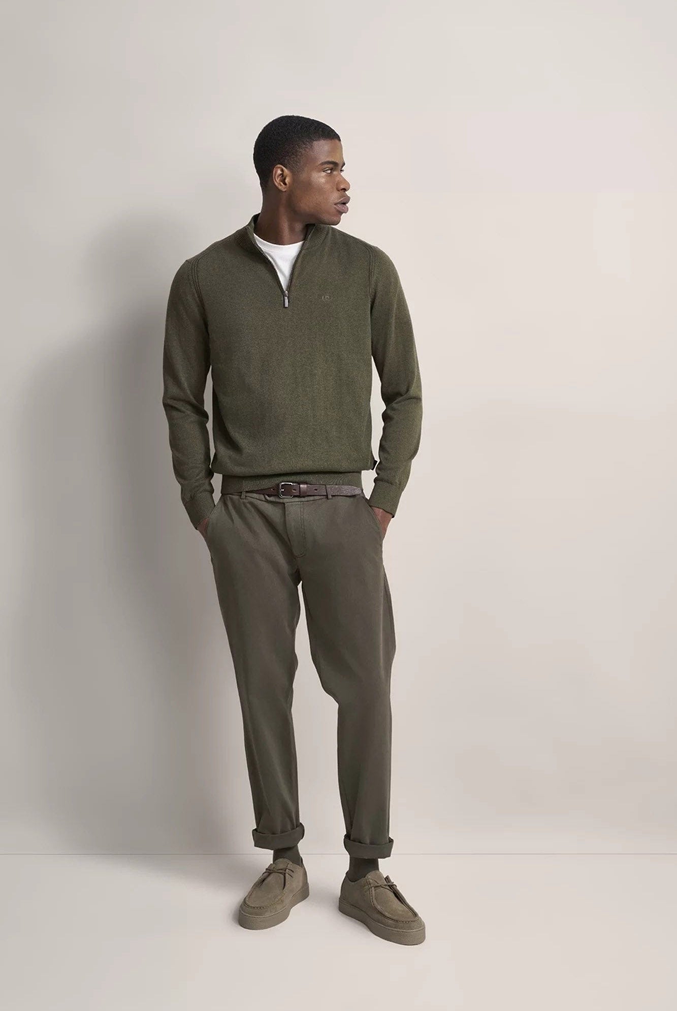 Bugatti Quarter Zip Cotton/Cashmere Knit Jumper - Olive