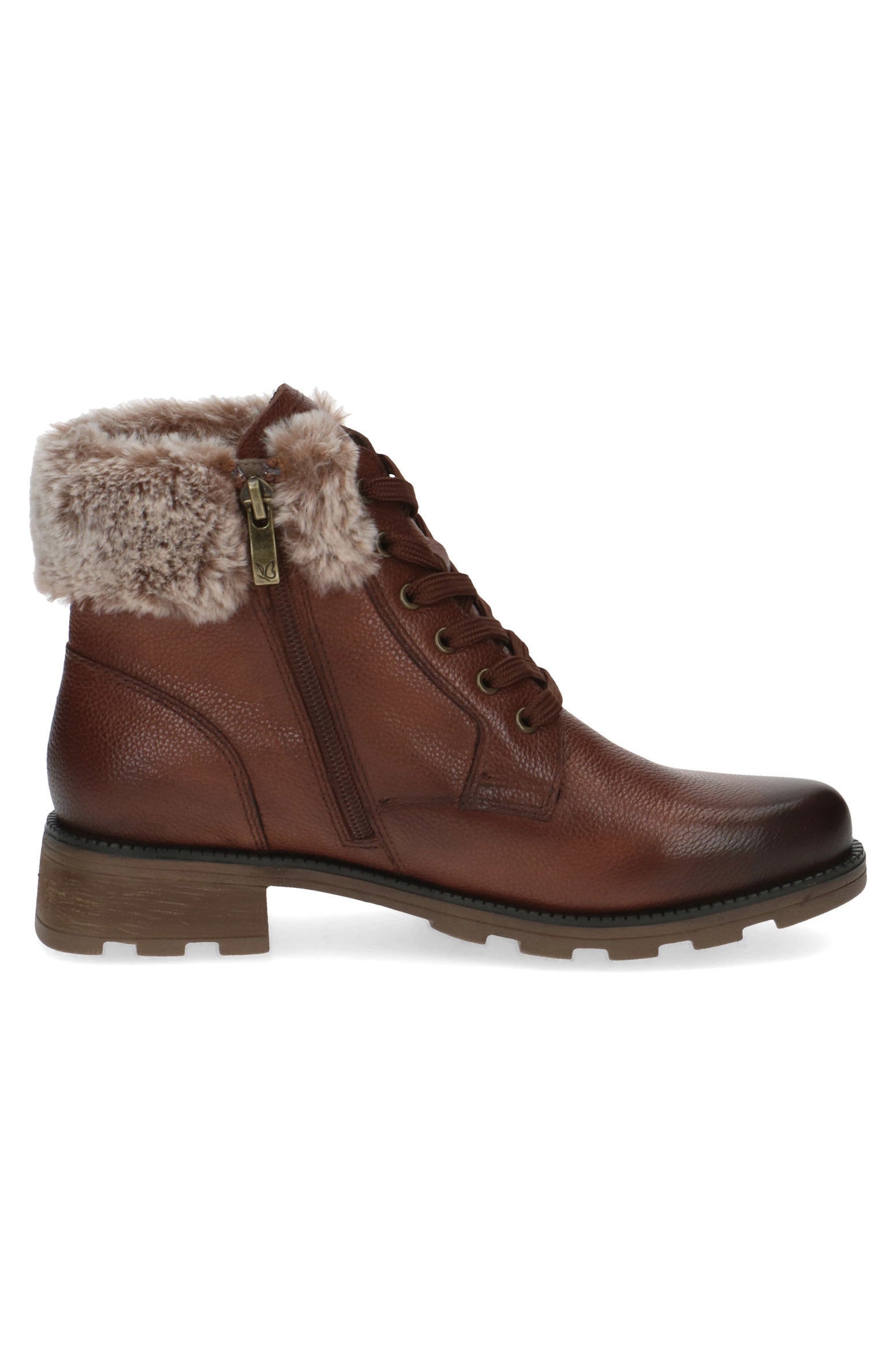 Caprice Faux Fur Cuff Leather Ankle Boots - Cognac Nappa