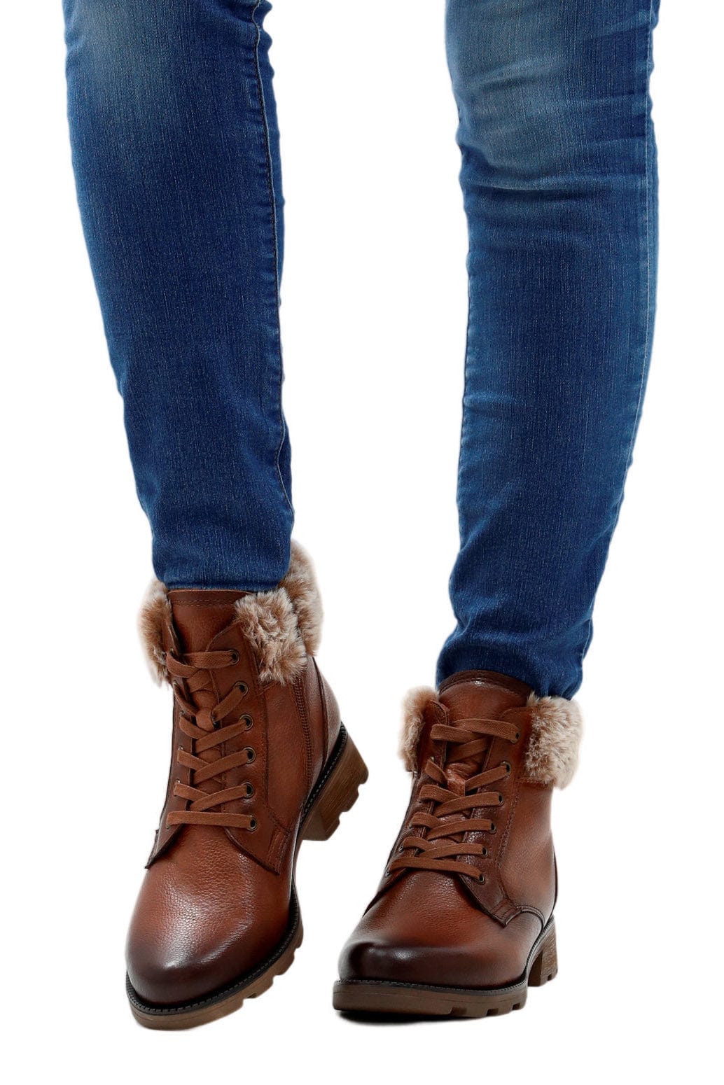 Caprice Faux Fur Cuff Leather Ankle Boots - Cognac Nappa