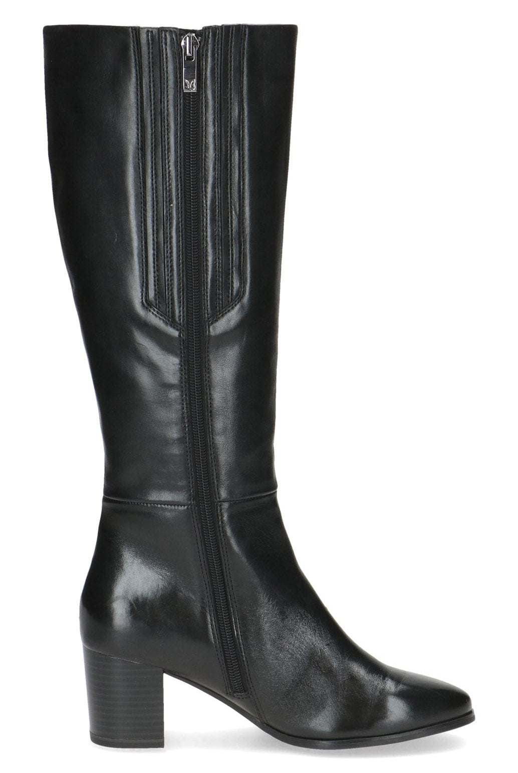 Caprice Leather Knee High Block Heel Boots - Black Nappa
