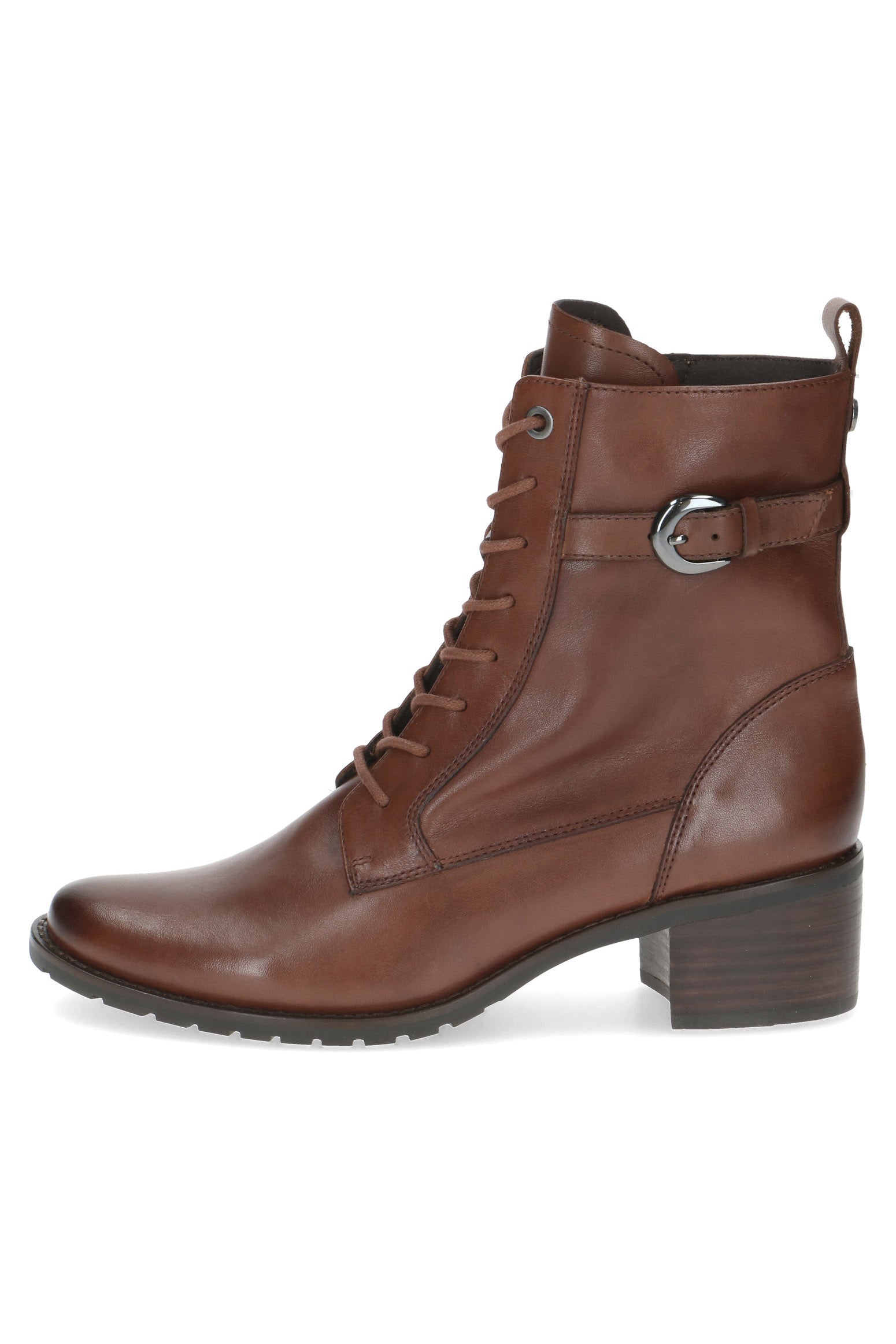 Caprice Leather Lace Front Strap Detail Block Heel Boot - Cognac Nappa