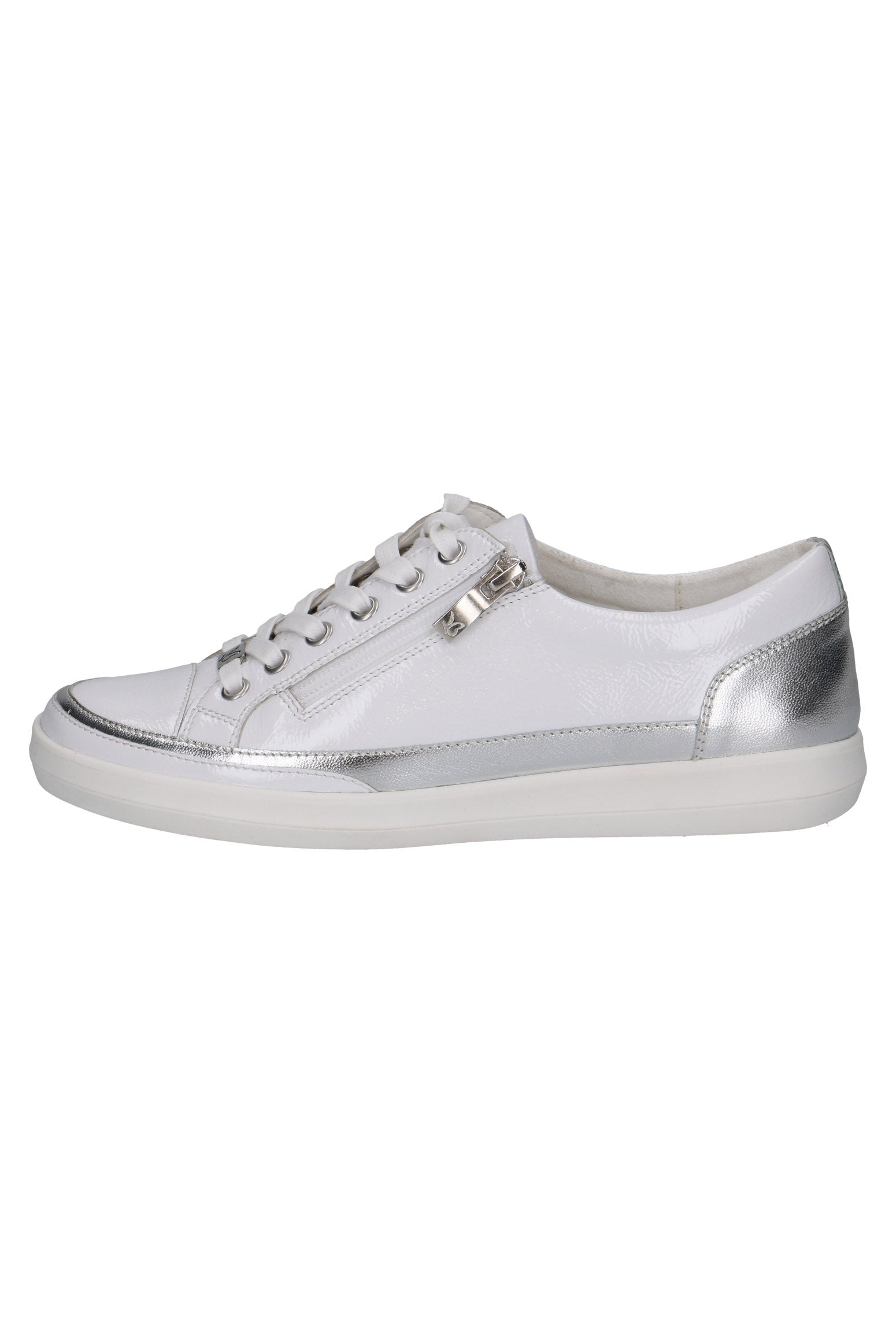 Caprice Silver Trim Leather Pumps with Zip - White/Silver