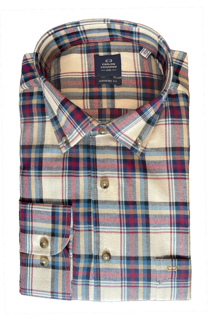 Carlos Cordoba Supersoft Brushed Cotton Check Shirt - Berry/Blue