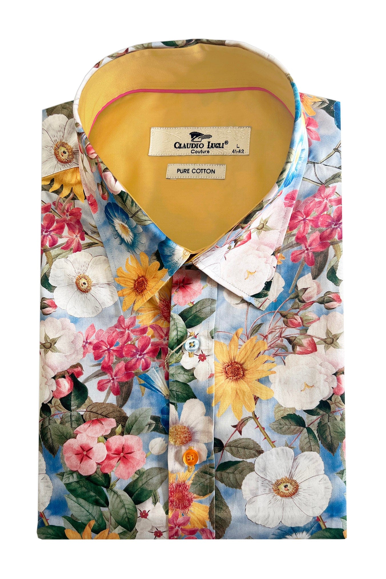 Claudio Lugli Satin Cotton Floral Short Sleeve Shirt - Mustard