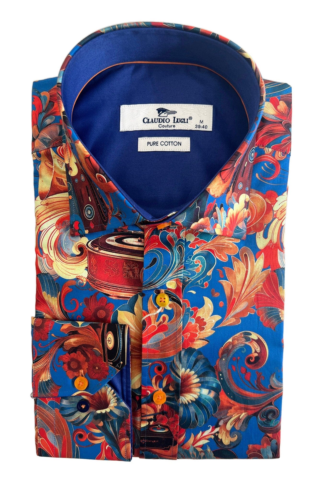 Claudio Lugli Satin Cotton Gramophone Print Shirt - Orange