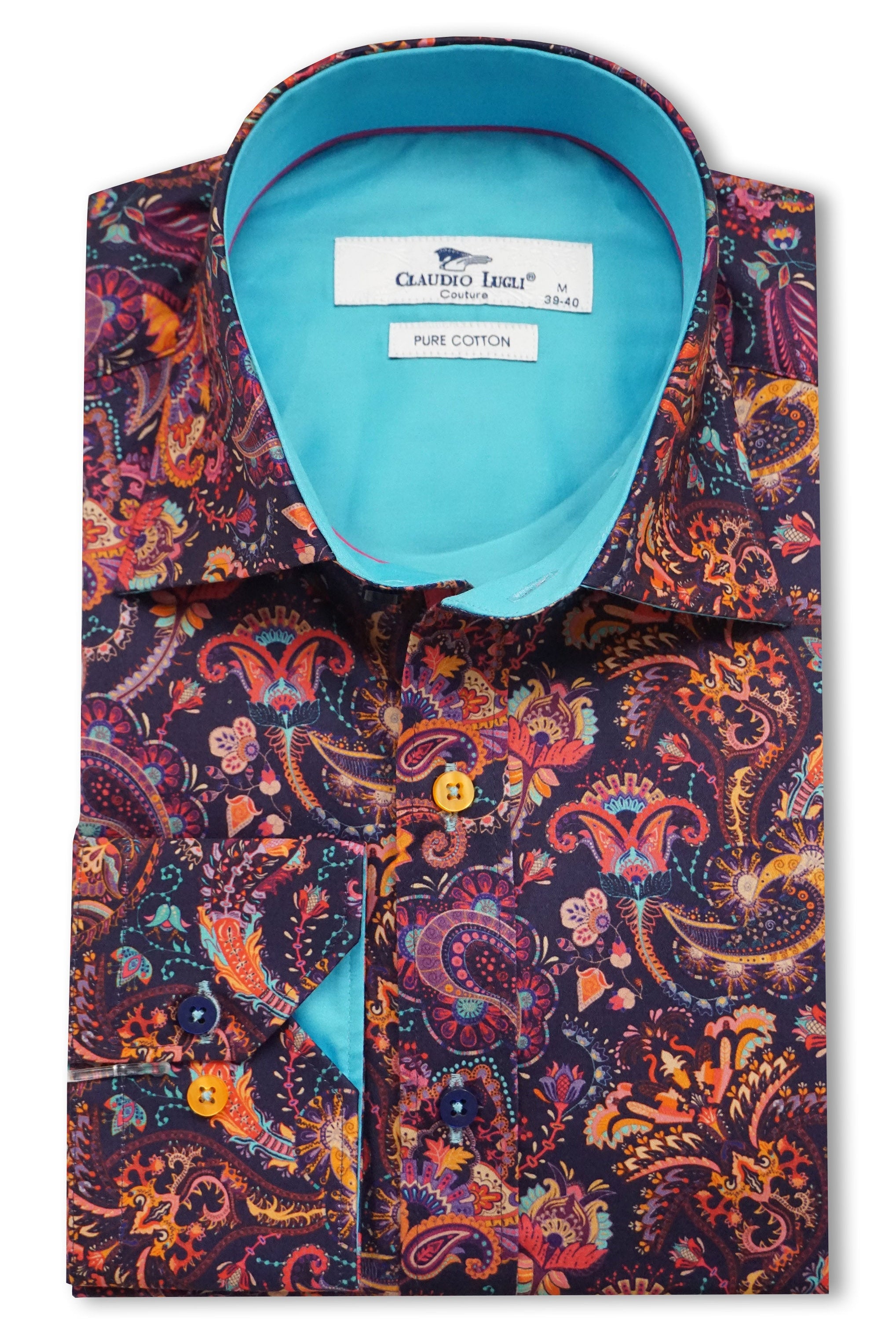 Claudio Lugli Satin Cotton Paisley Print Shirt - Navy/Multi