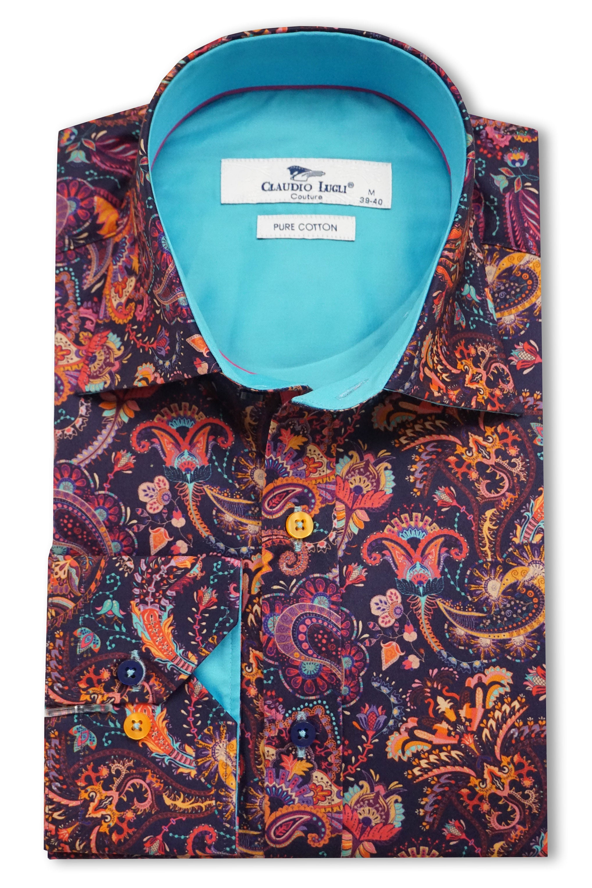 Claudio Lugli Satin Cotton Paisley Print Shirt - Navy/Multi