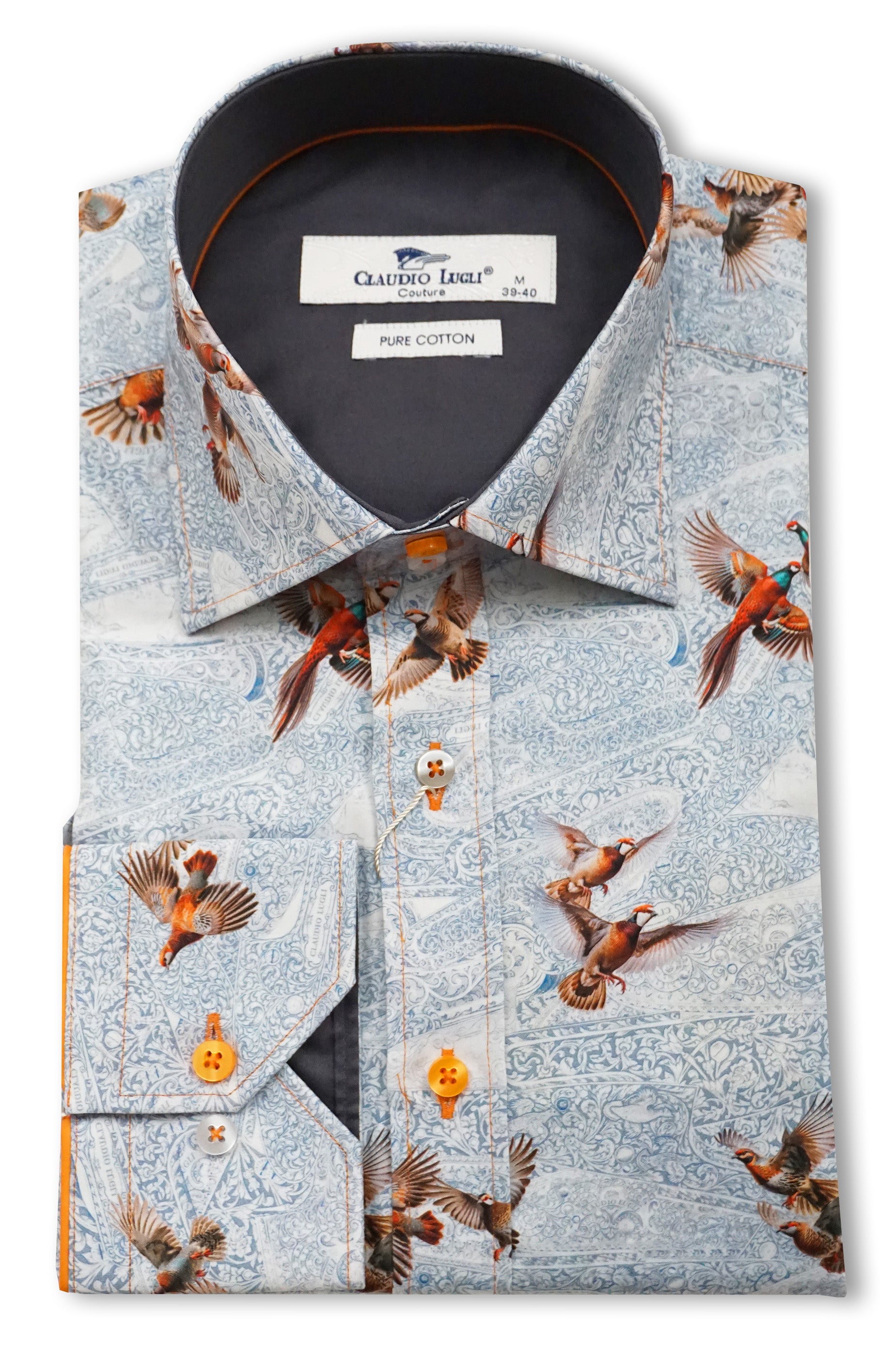 Claudio Lugli Satin Cotton Pheasant Print Shirt - Grey