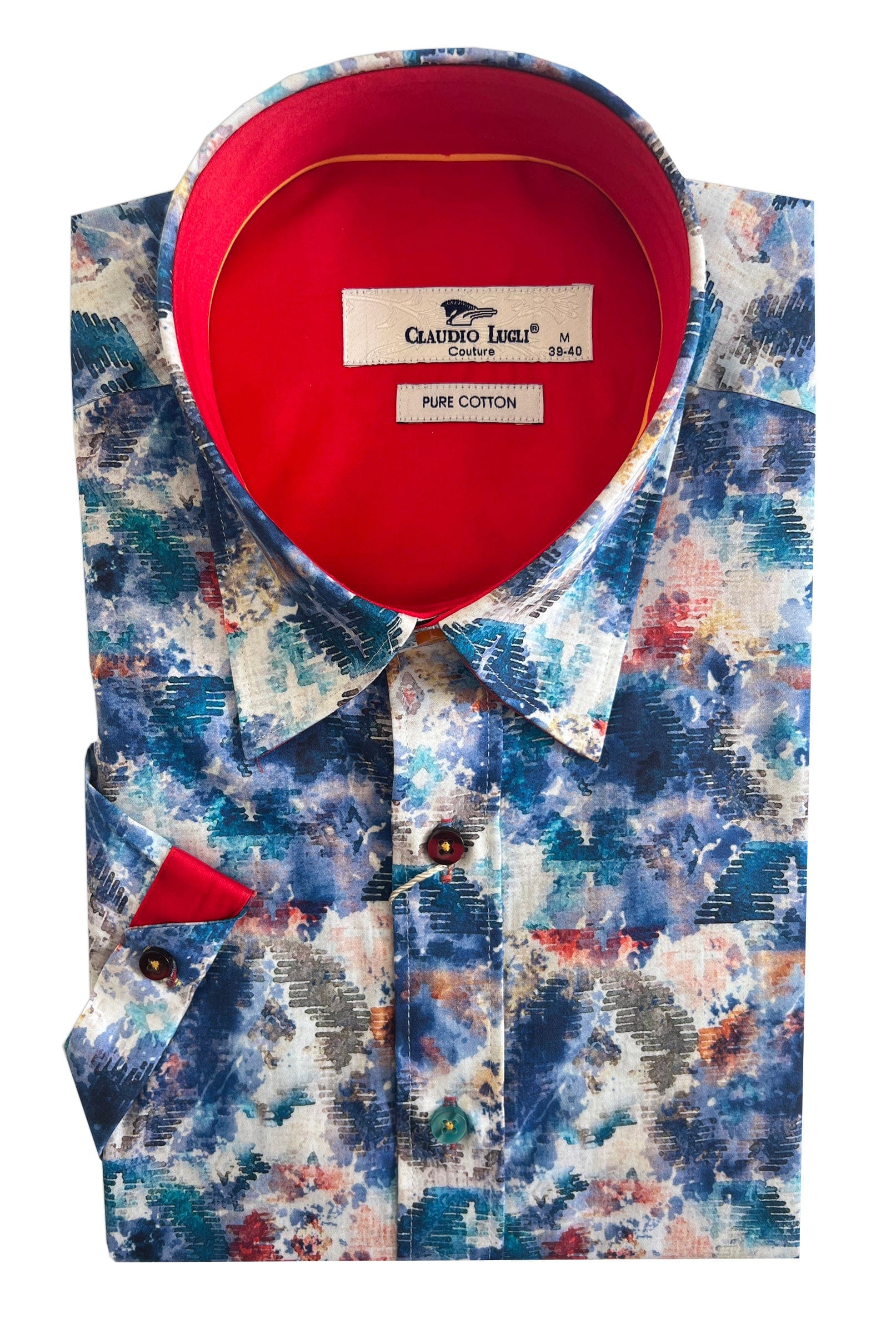 Claudio Lugli Satin Cotton Splash Print Short Sleeve Shirt - Blue