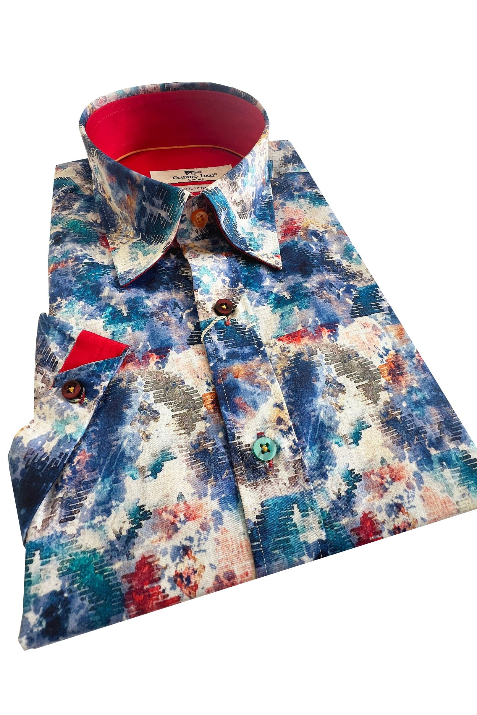 Claudio Lugli Satin Cotton Splash Print Short Sleeve Shirt - Blue