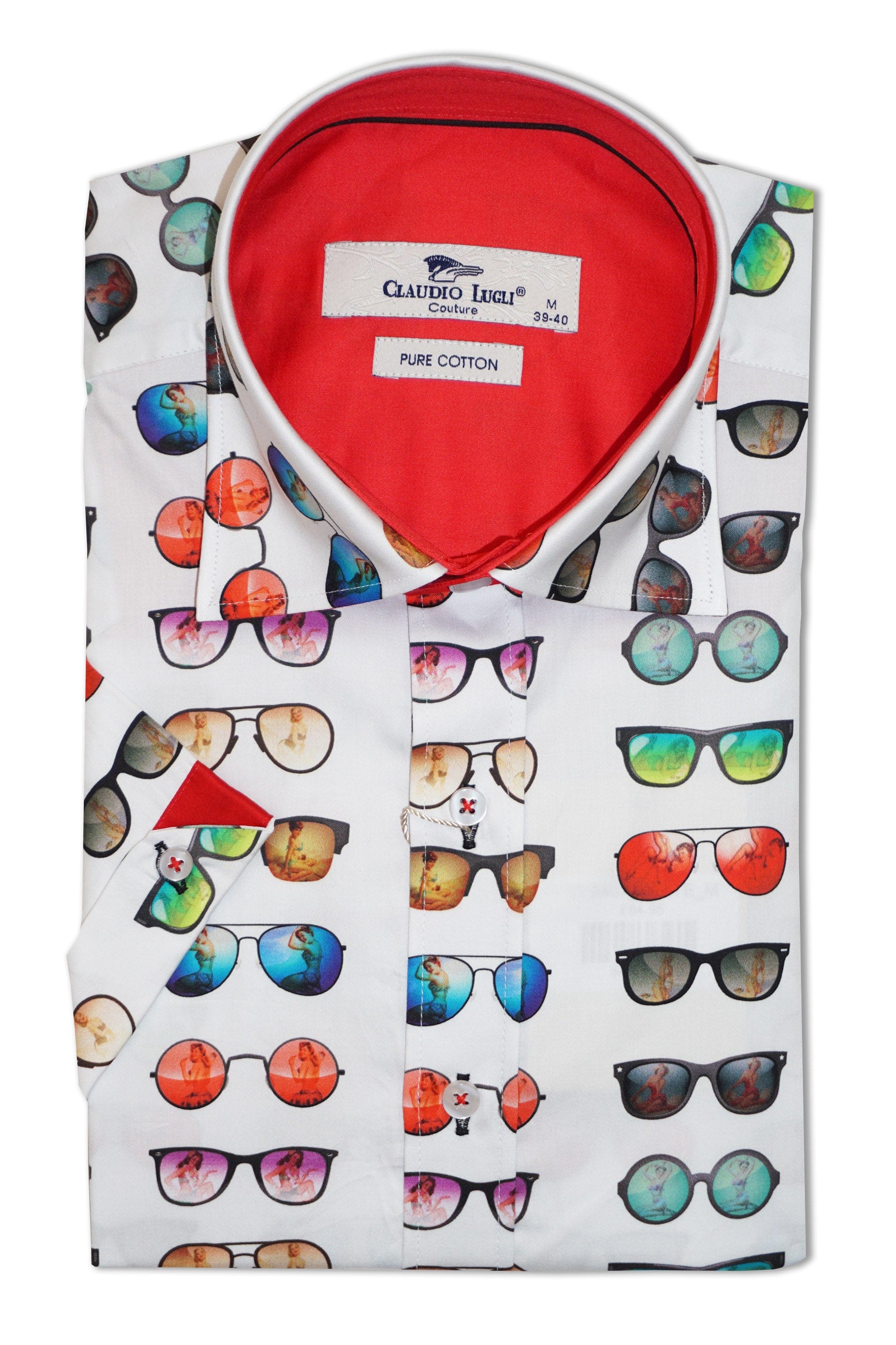 Claudio Lugli Satin Cotton Sunglasses Print Short Sleeve Shirt - White