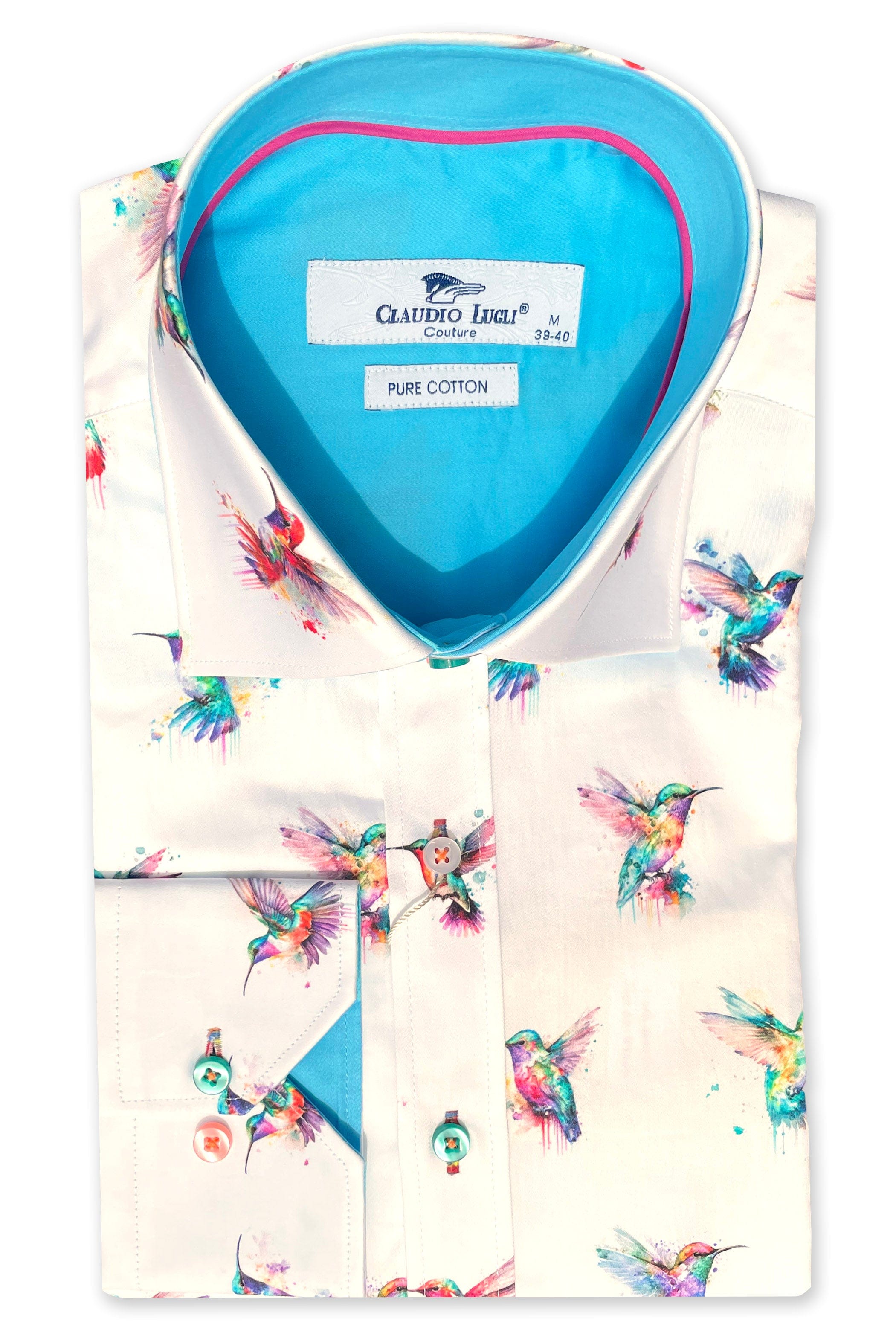 Claudio Lugli Satin Cotton Watercolour Hummingbird Shirt - White