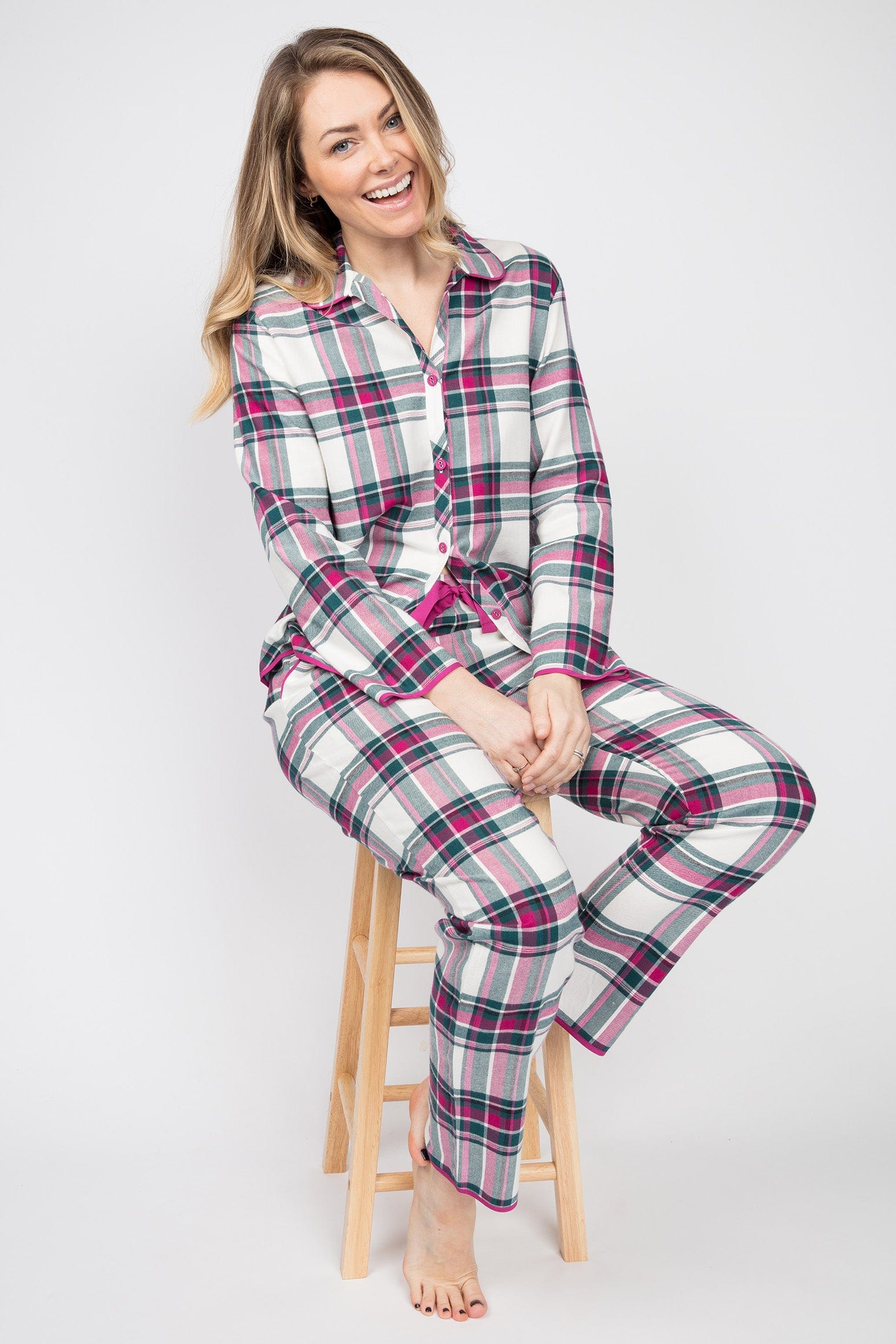 Cyberjammies Penny Check Brushed Cotton Pyjama Top - Emerald/Fuchsia