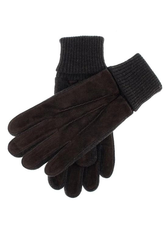 Dents Kendal Fleece Lined Suede Gloves with Knitted Cuffs - Brown/Charcoal
