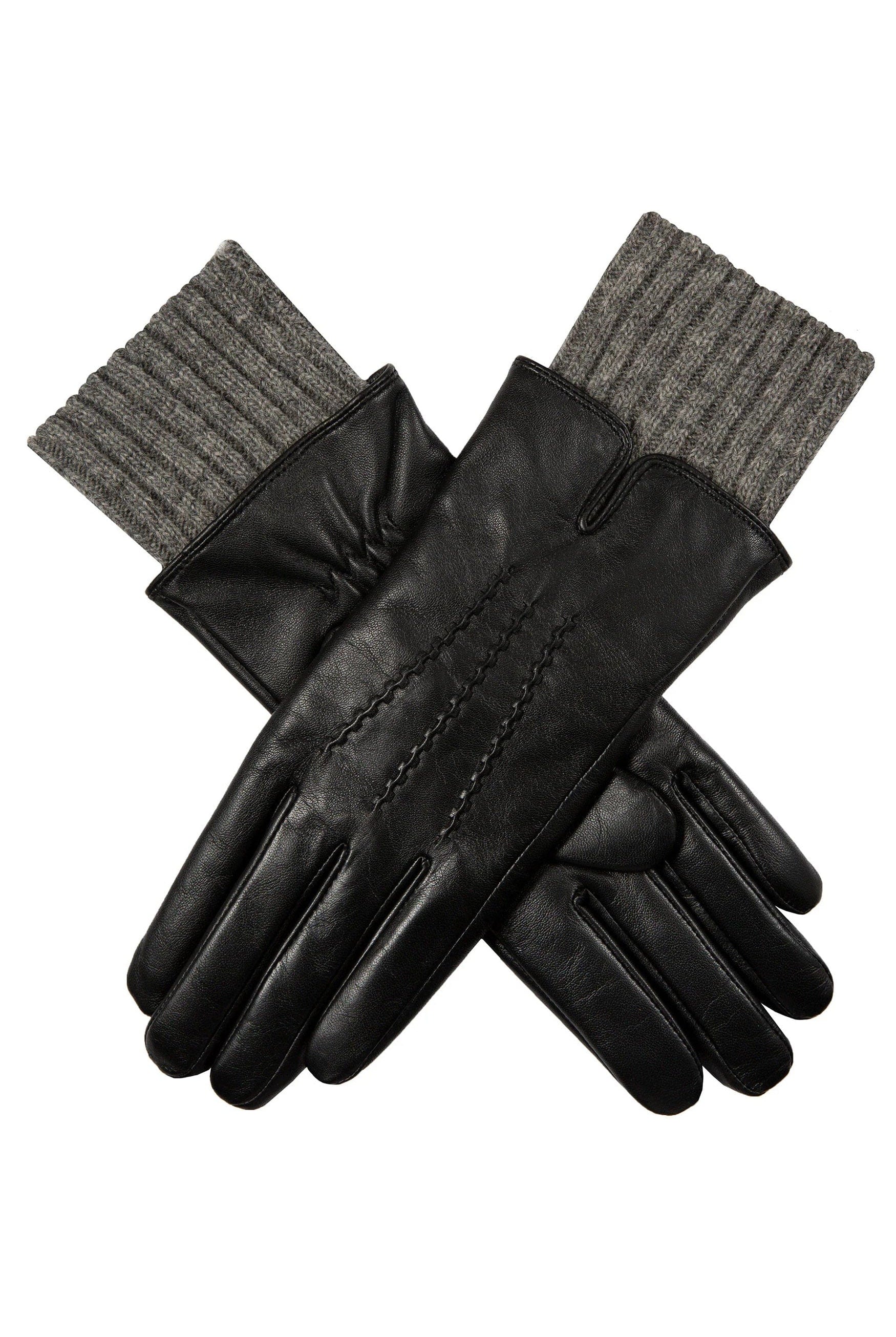 Dents Tamara Leather Glove with Knitted Cuffs - Black/Charcoal