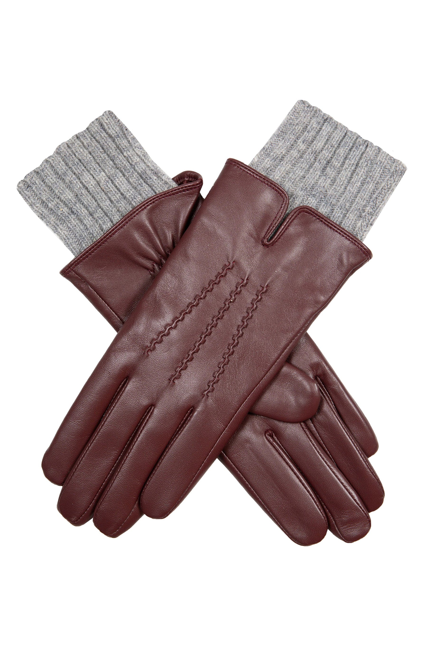 Dents Tamara Leather Glove with Knitted Cuffs - Claret/Dove Grey
