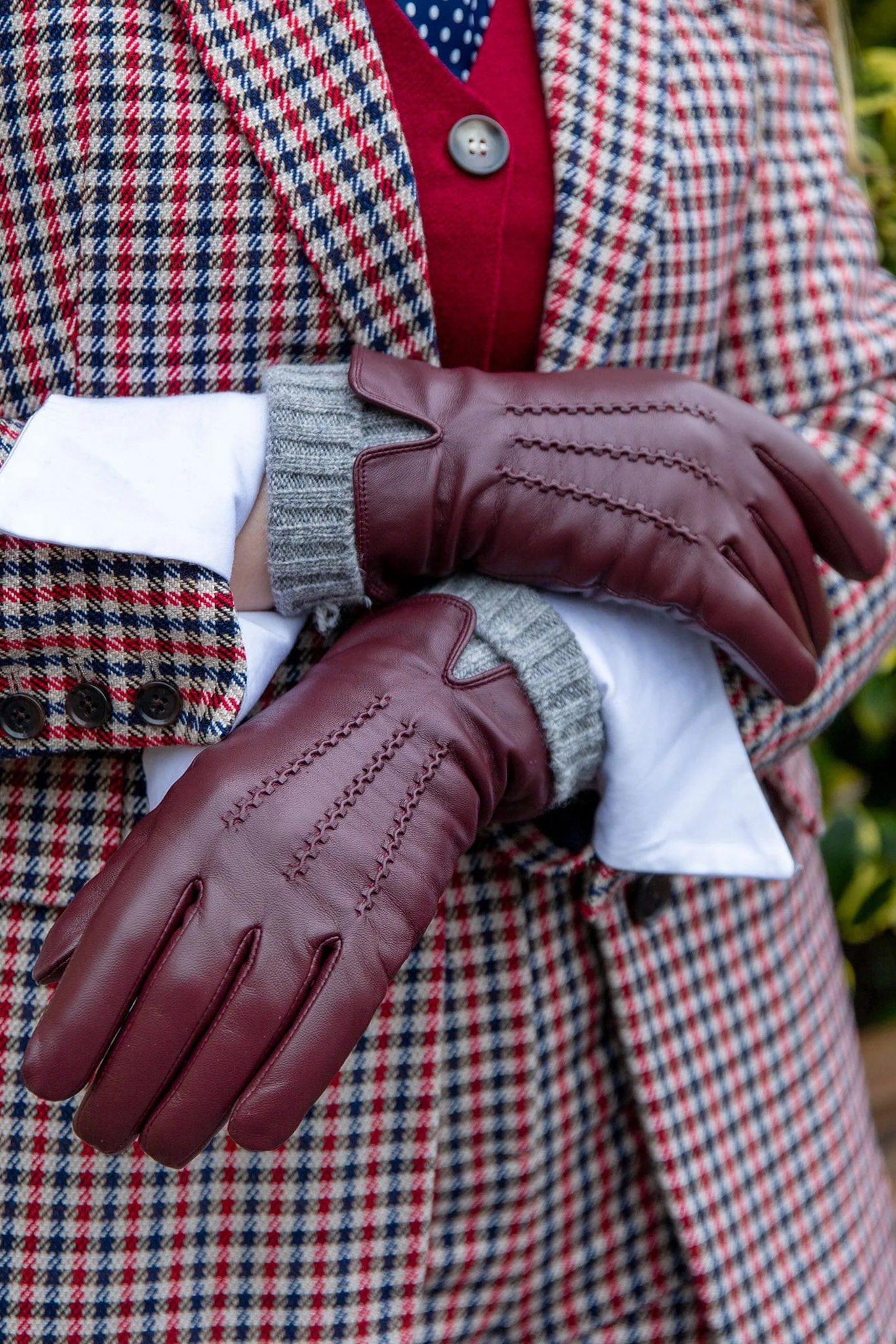 Dents Tamara Leather Glove with Knitted Cuffs - Claret/Dove Grey