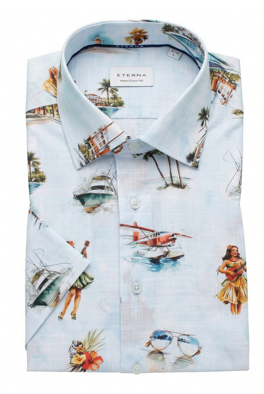 Eterna Modern Fit Cotton/Lyocell Print Shirt - Coastal Blue