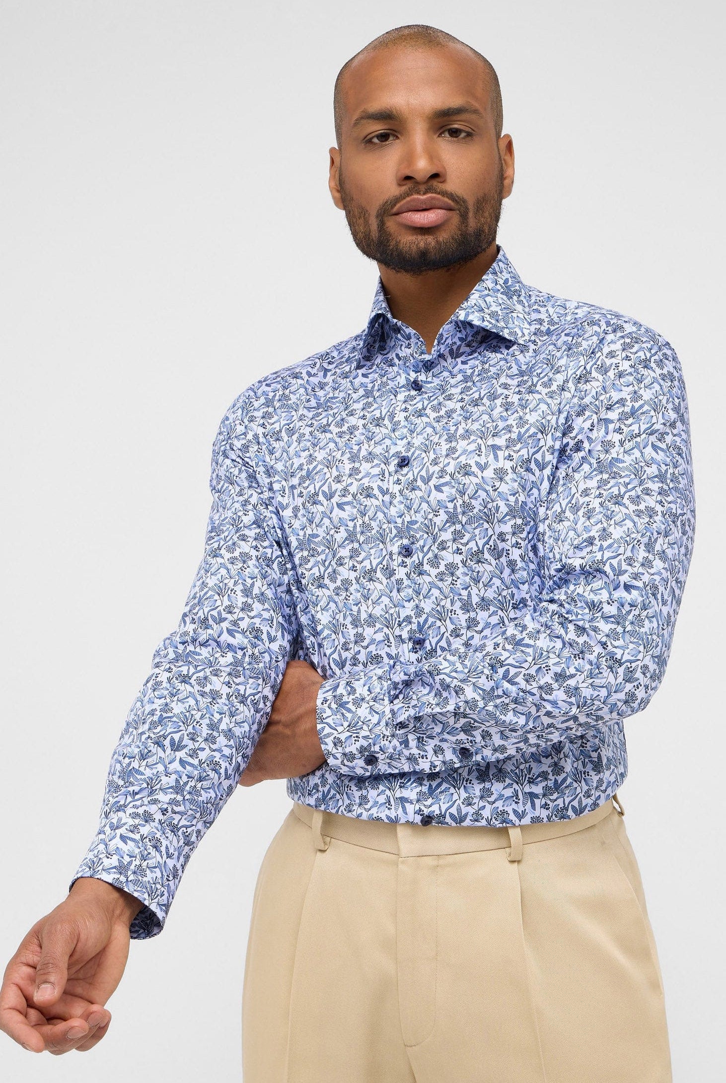 Eterna Modern Fit Floral Leaf Long Sleeve Shirt - Blue/White