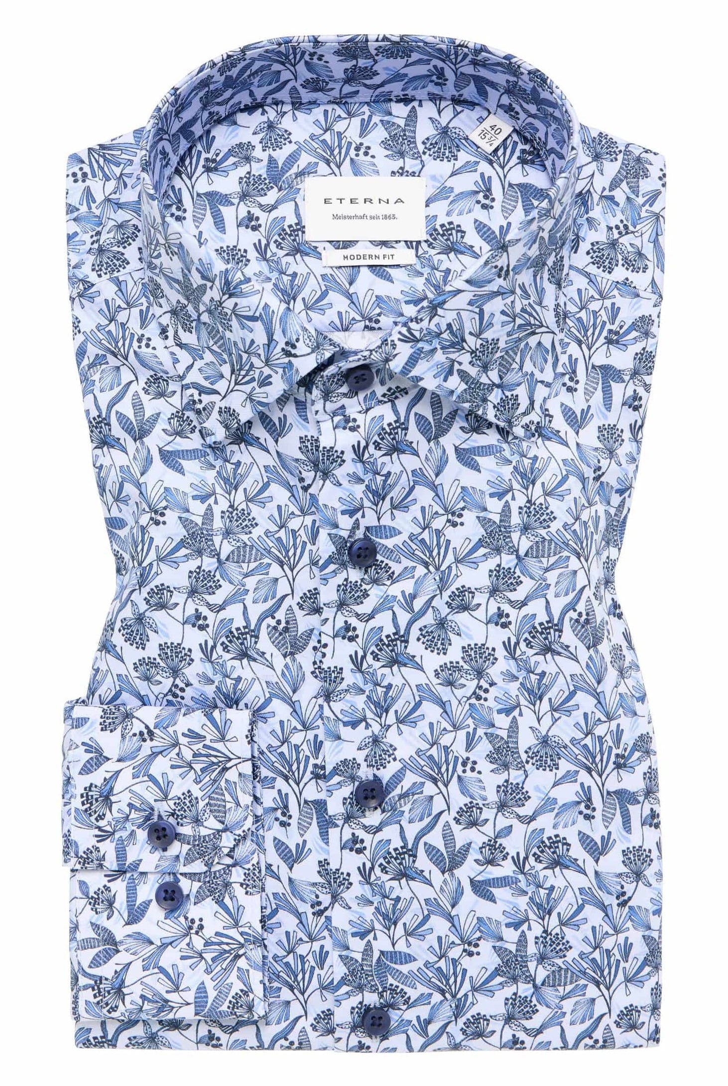 Eterna Modern Fit Floral Leaf Long Sleeve Shirt - Blue/White