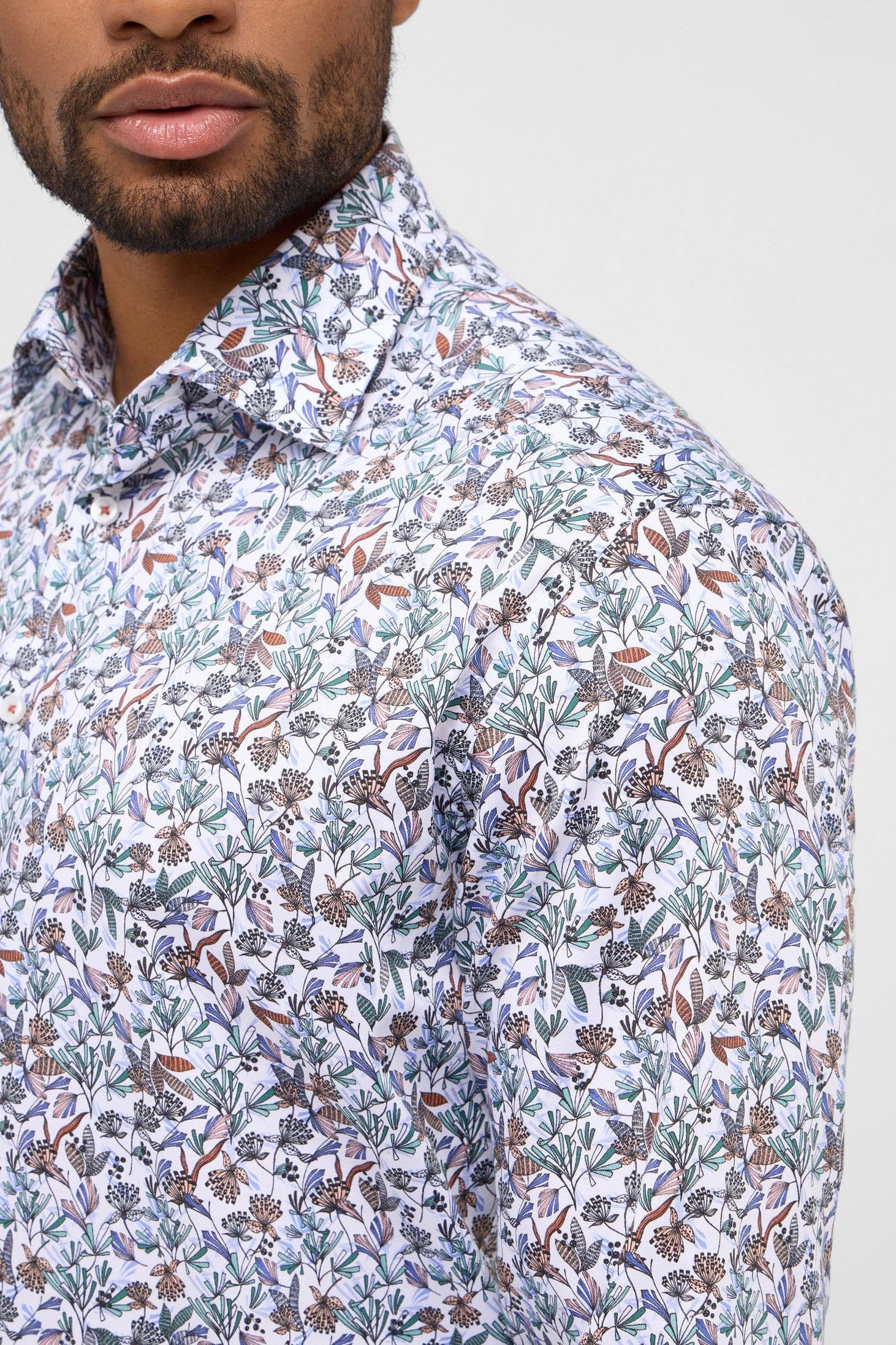 Eterna Modern Fit Floral Leaf Long Sleeve Shirt - Peach Multi