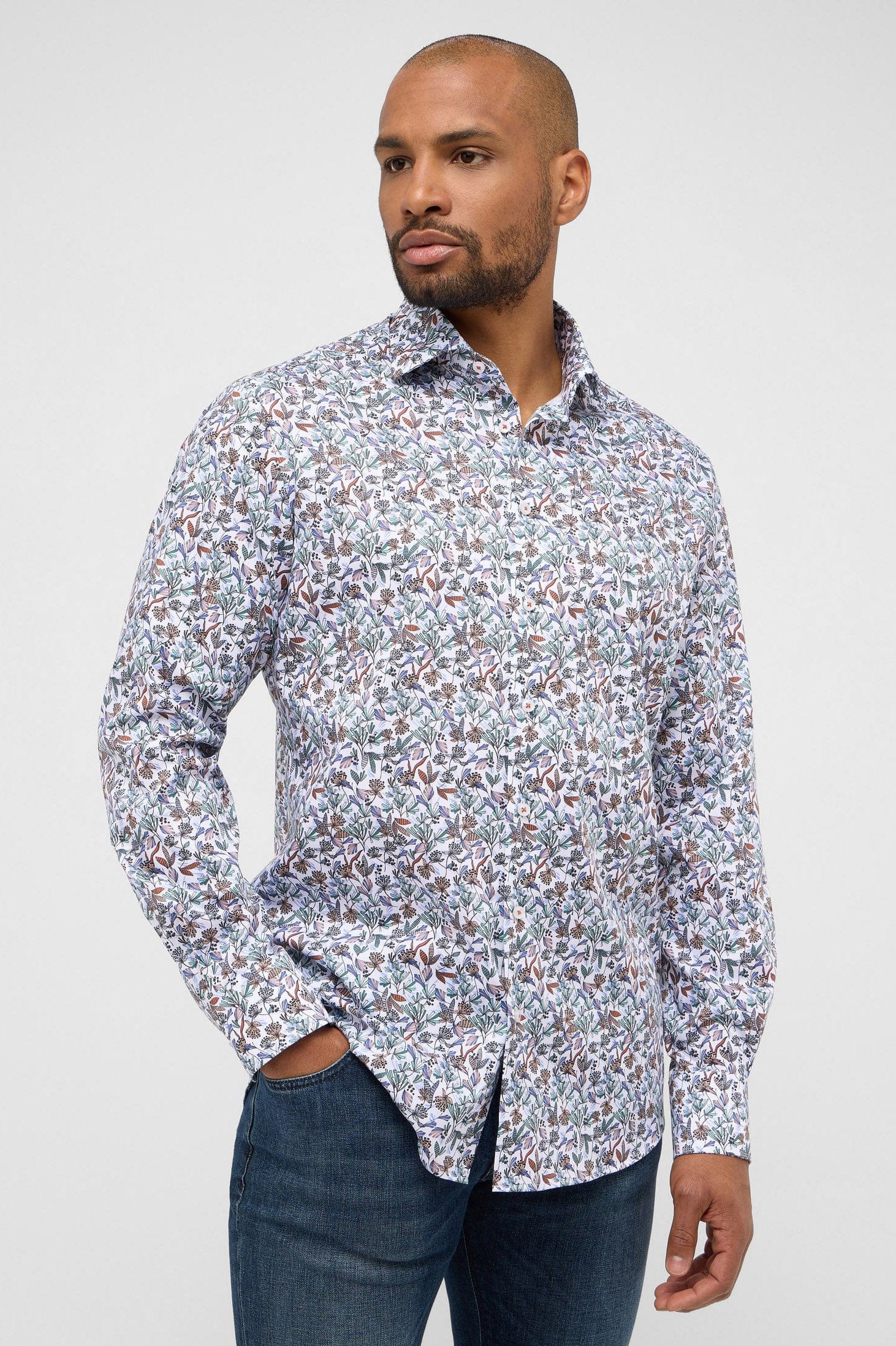 Eterna Modern Fit Floral Leaf Long Sleeve Shirt - Peach Multi