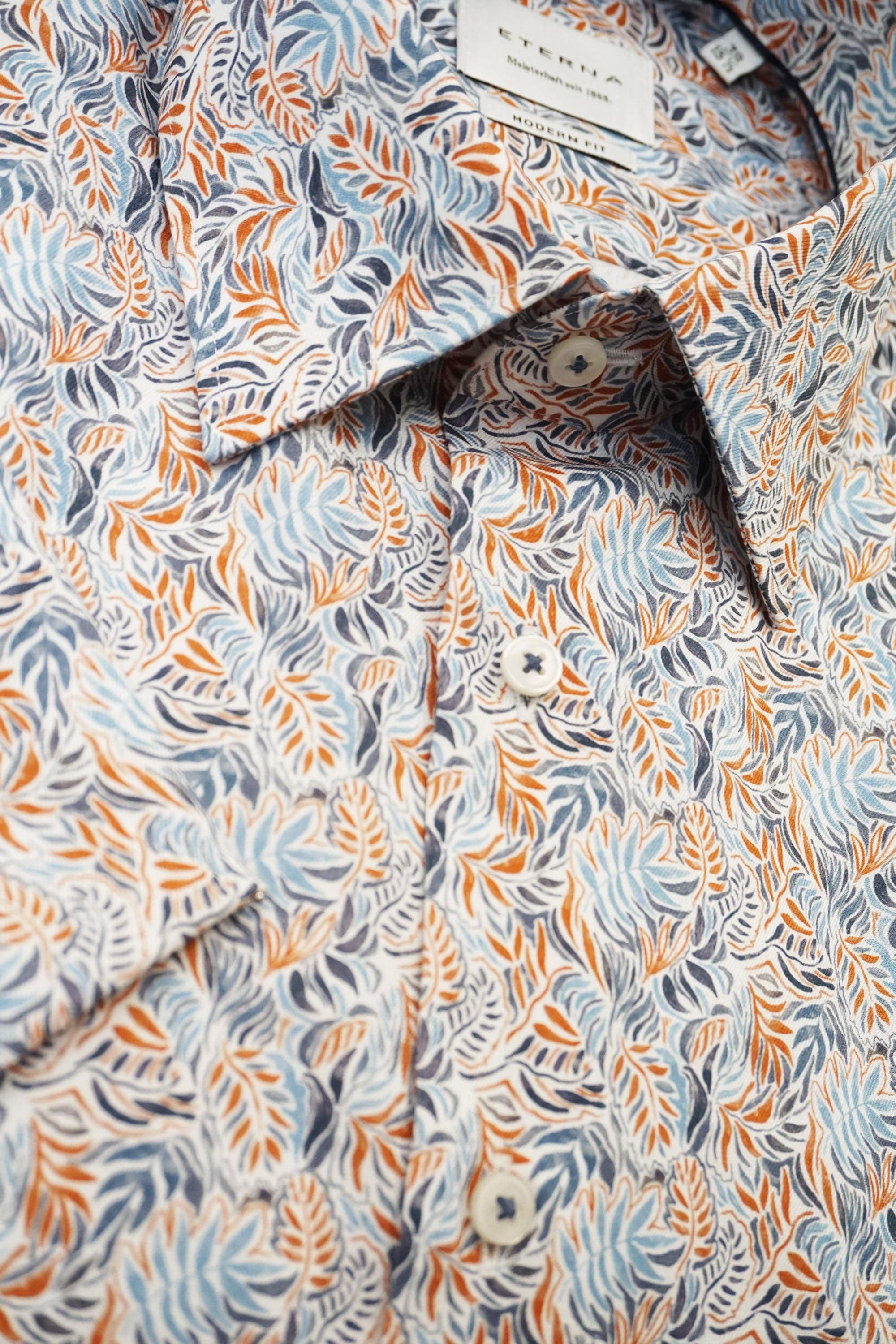 Eterna Modern Fit Leaf Print Short Sleeve Shirt - Blue/Red