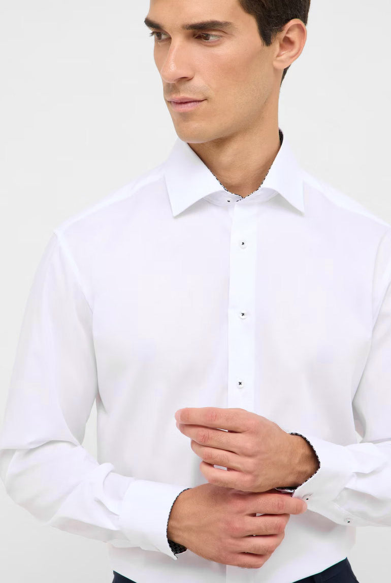 Eterna Modern Fit Plain Shirt with Black Trim - White