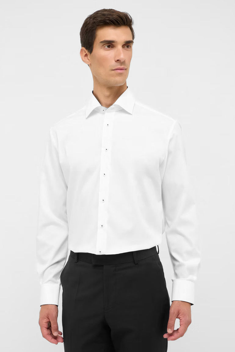 Eterna Modern Fit Plain Shirt with Navy Trim - White