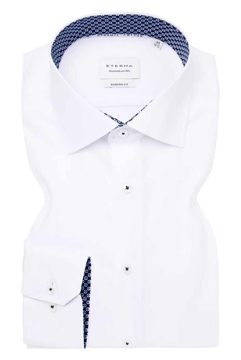 Eterna Modern Fit Plain Shirt with Navy Trim - White