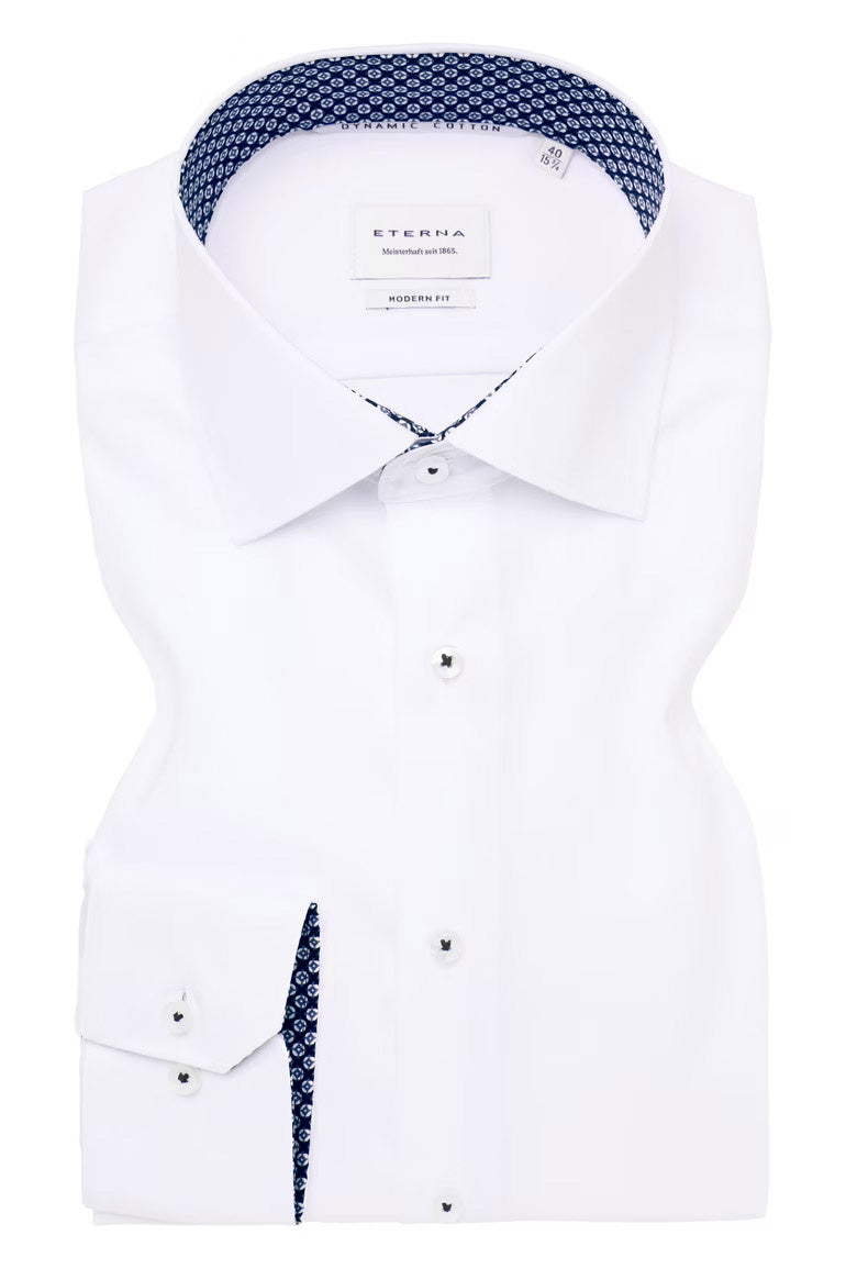 Eterna Modern Fit Plain Shirt with Navy Trim - White