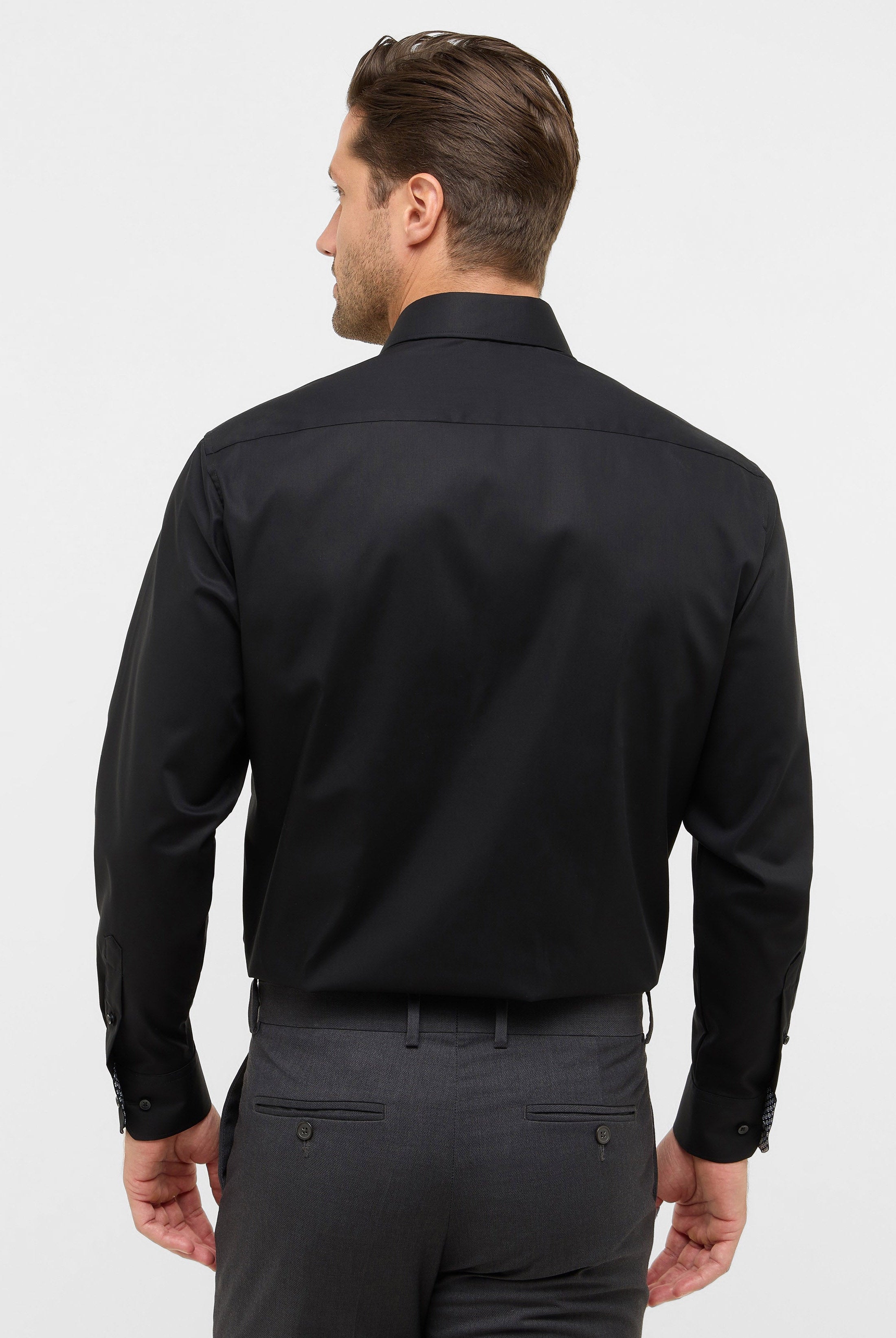 Eterna Modern Fit Plain Shirt with Trim - Black