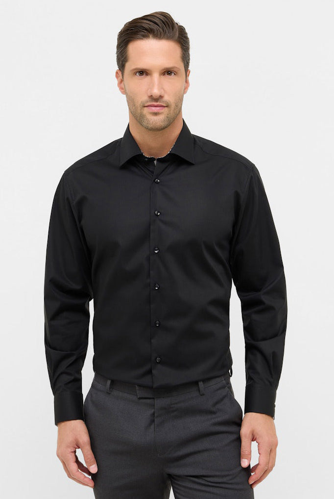 Eterna Modern Fit Plain Shirt with Trim - Black