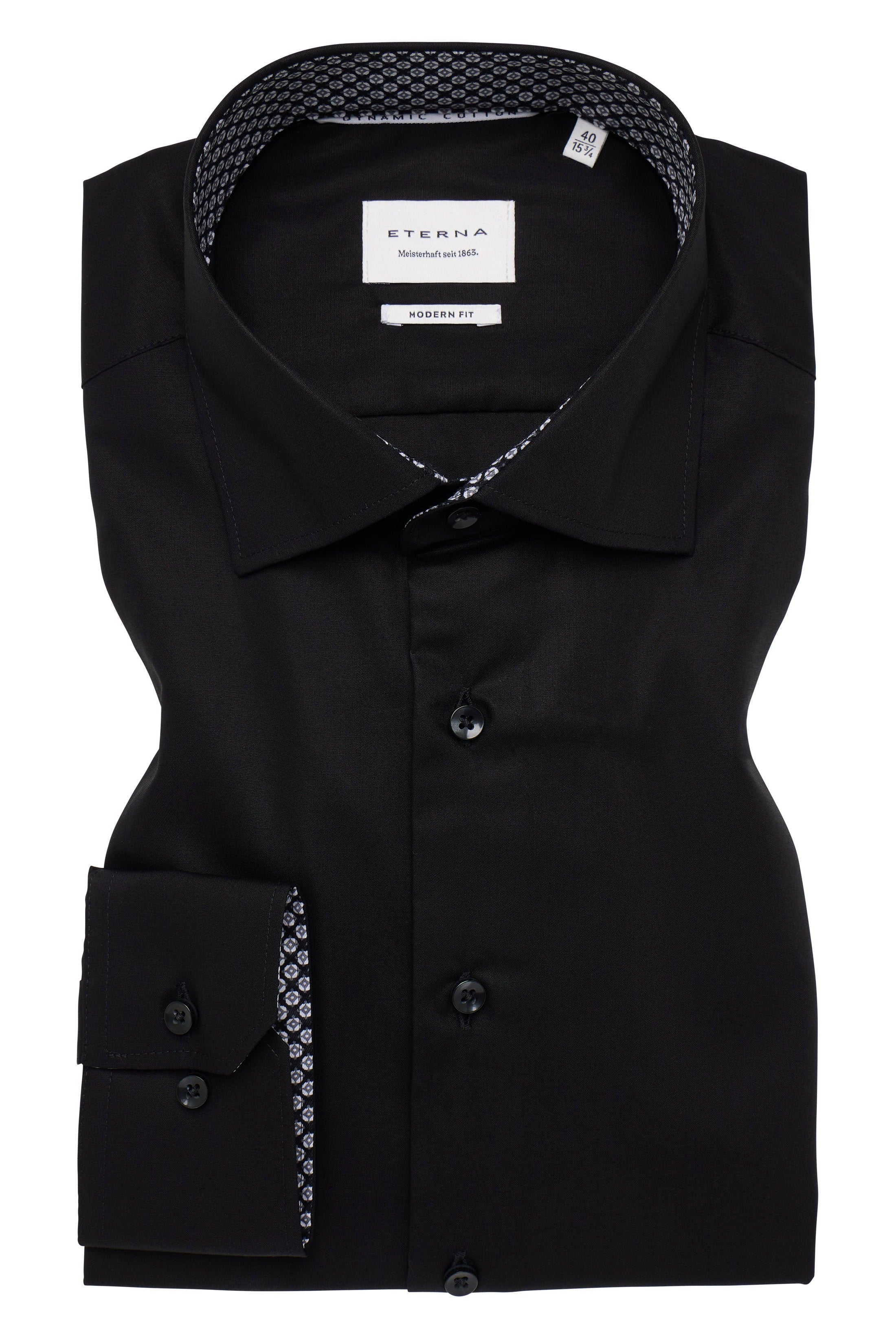 Eterna Modern Fit Plain Shirt with Trim - Black
