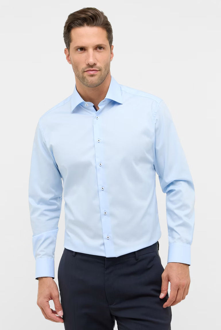 Eterna Modern Fit Plain Shirt with Trim - Light Blue