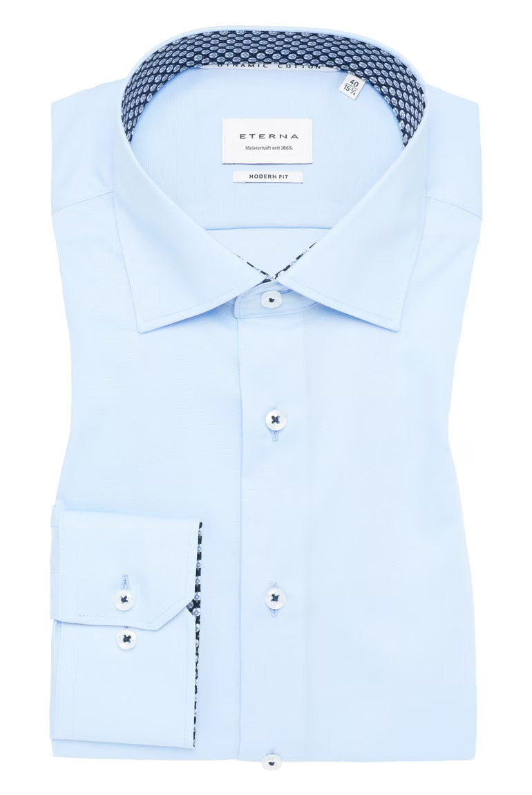 Eterna Modern Fit Plain Shirt with Trim - Light Blue