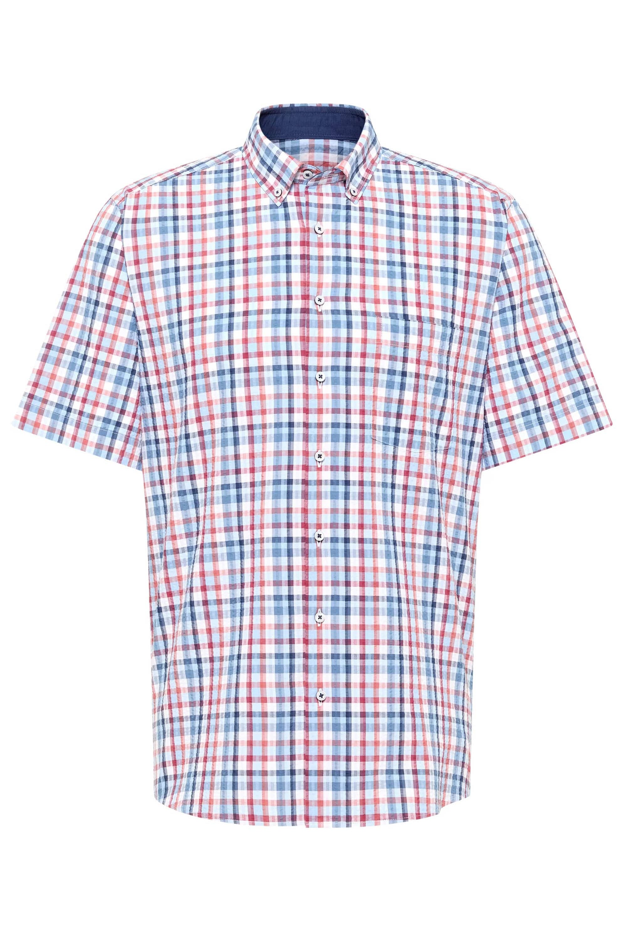Eterna Modern Fit Seersucker Check Short Sleeve Shirt - Blue/Red