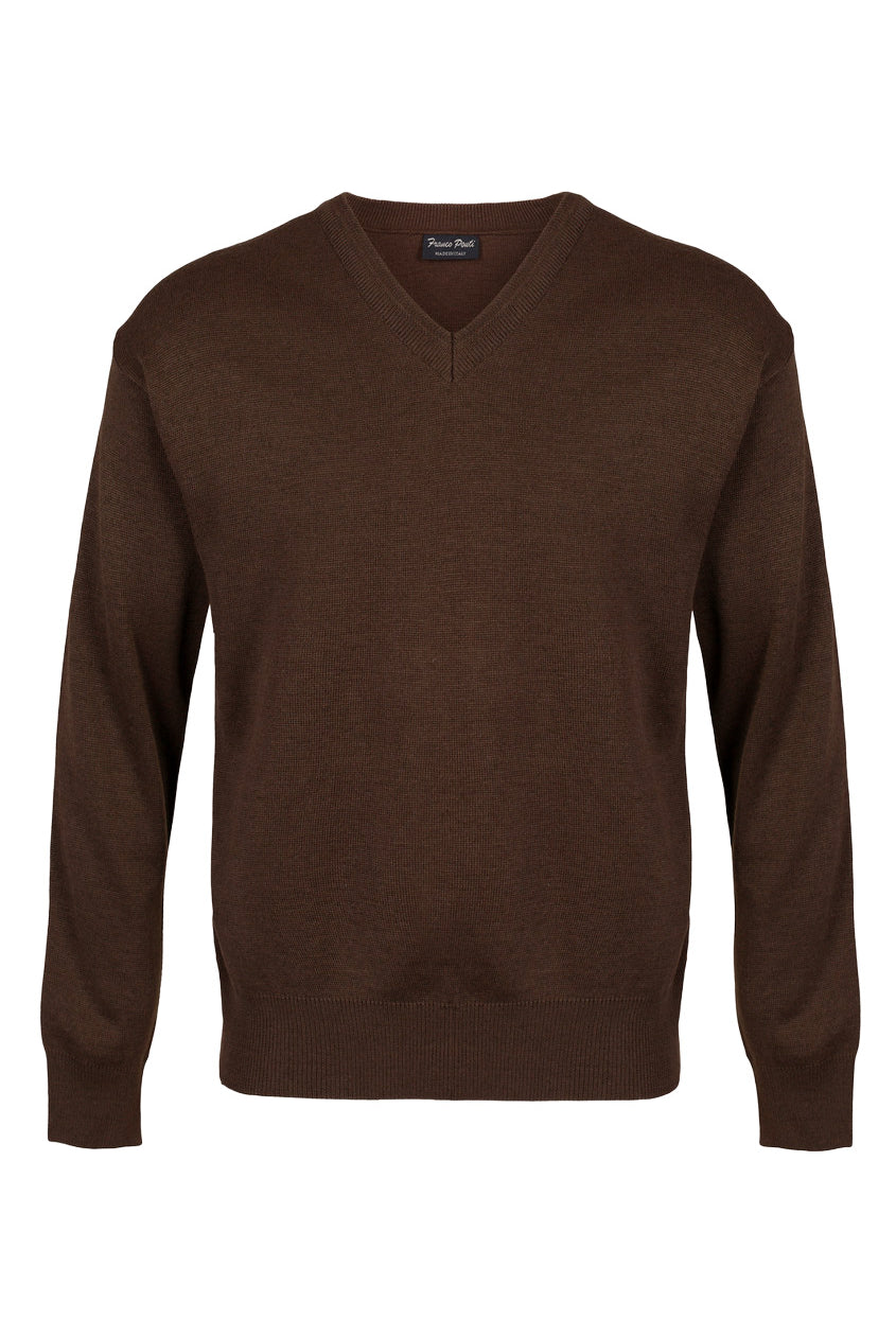 Franco Ponti Medium Weight Merino Wool V Neck Jumper - Chocolate