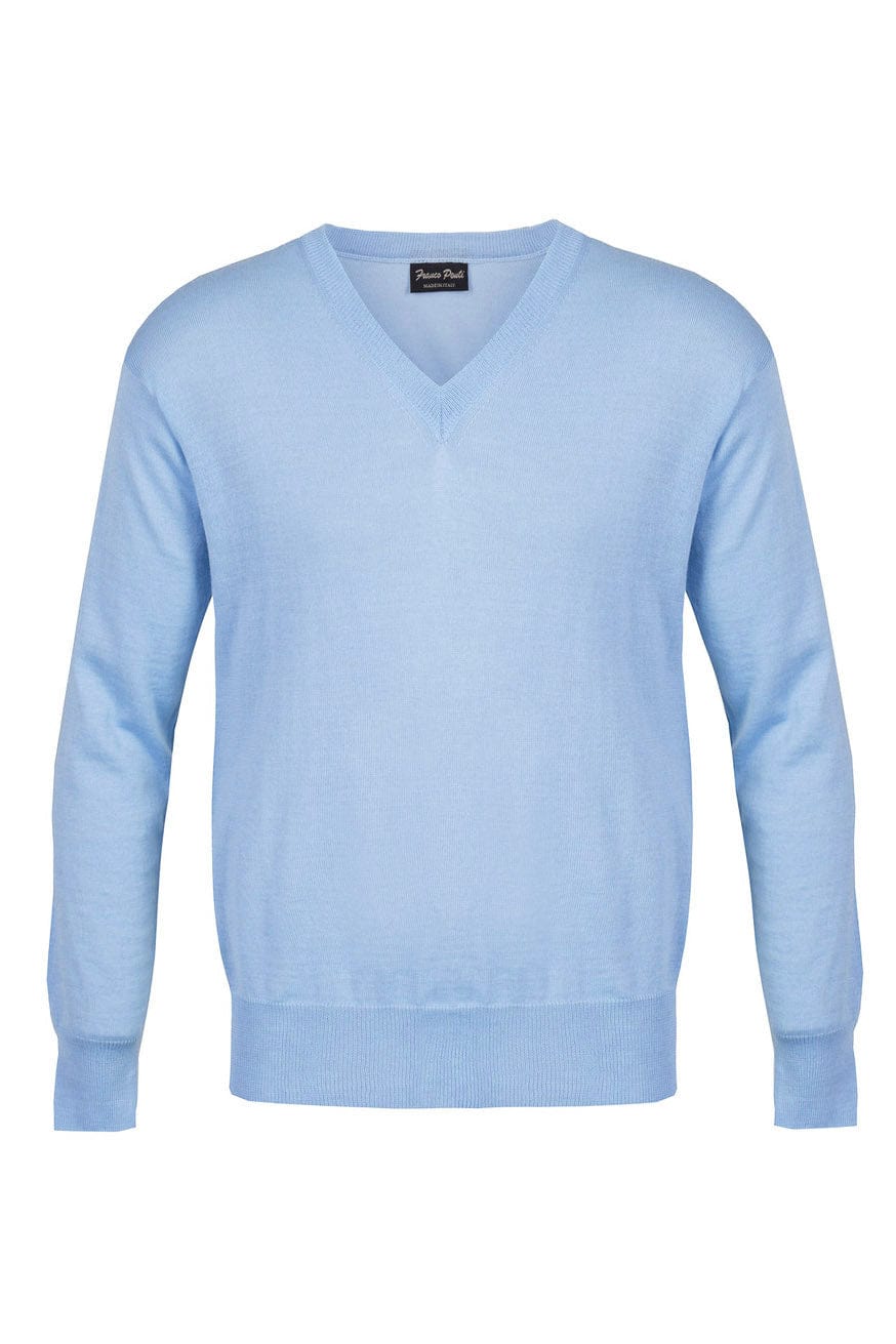 Franco Ponti Medium Weight Merino Wool V Neck Jumper - Sky